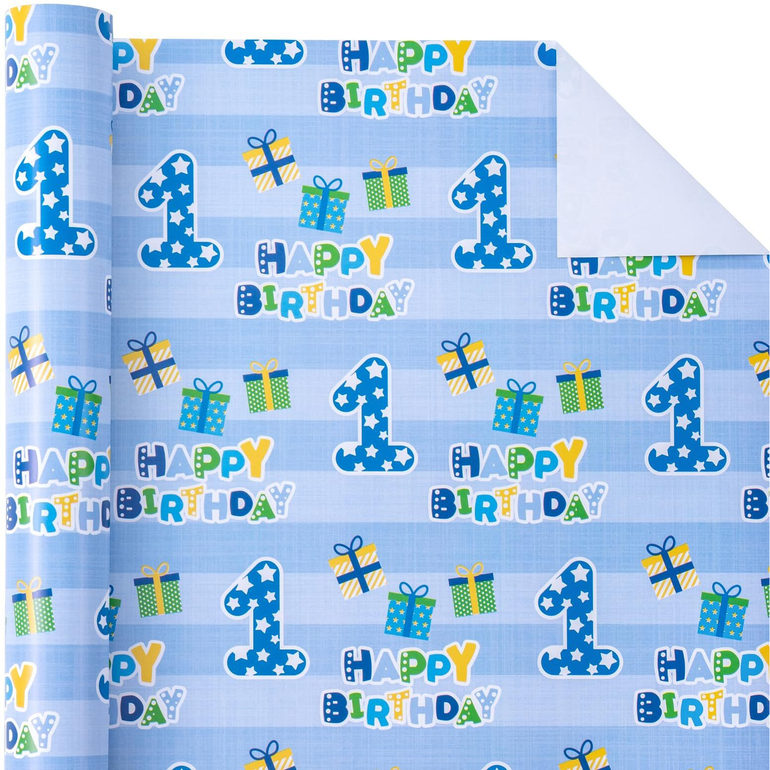Wrapaholic 1St Birthday Wrapping Paper - Mini Roll - 17 Inch X 33 Feet - Blue Happy Birthday For Boys Birthday  Party  Holiday