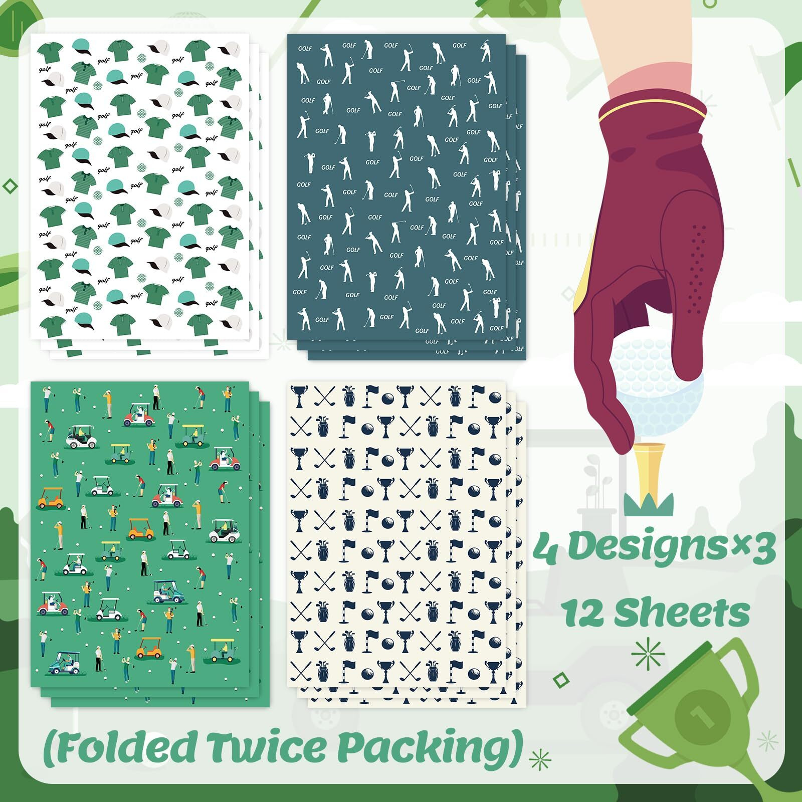 Golf Wrapping Paper 12 Sheets - Sports Wrapping Paper - Golf Themed Gift Wrap Paper - Golf Cart Golf Bag Print Gift Packing Paper For Sports Party Birthday Team Celebration - 20"&quot28""