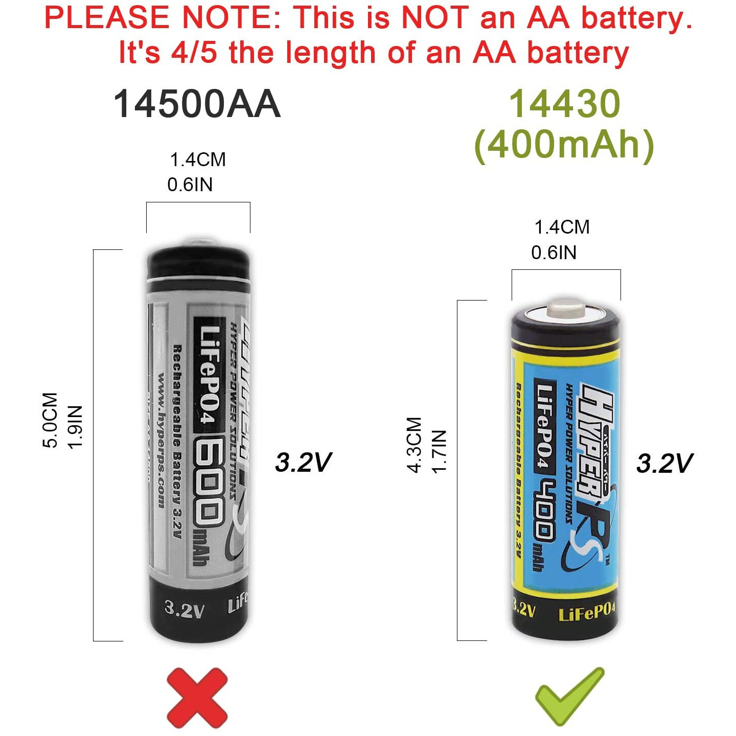Hyperps (2-Pack) 3.2V Lifepo4 14430 (14 X 43Mm) 400Mah Rechargeable Battery For Solar Panel Light  Tooth Brush  Shaver  Flashlight