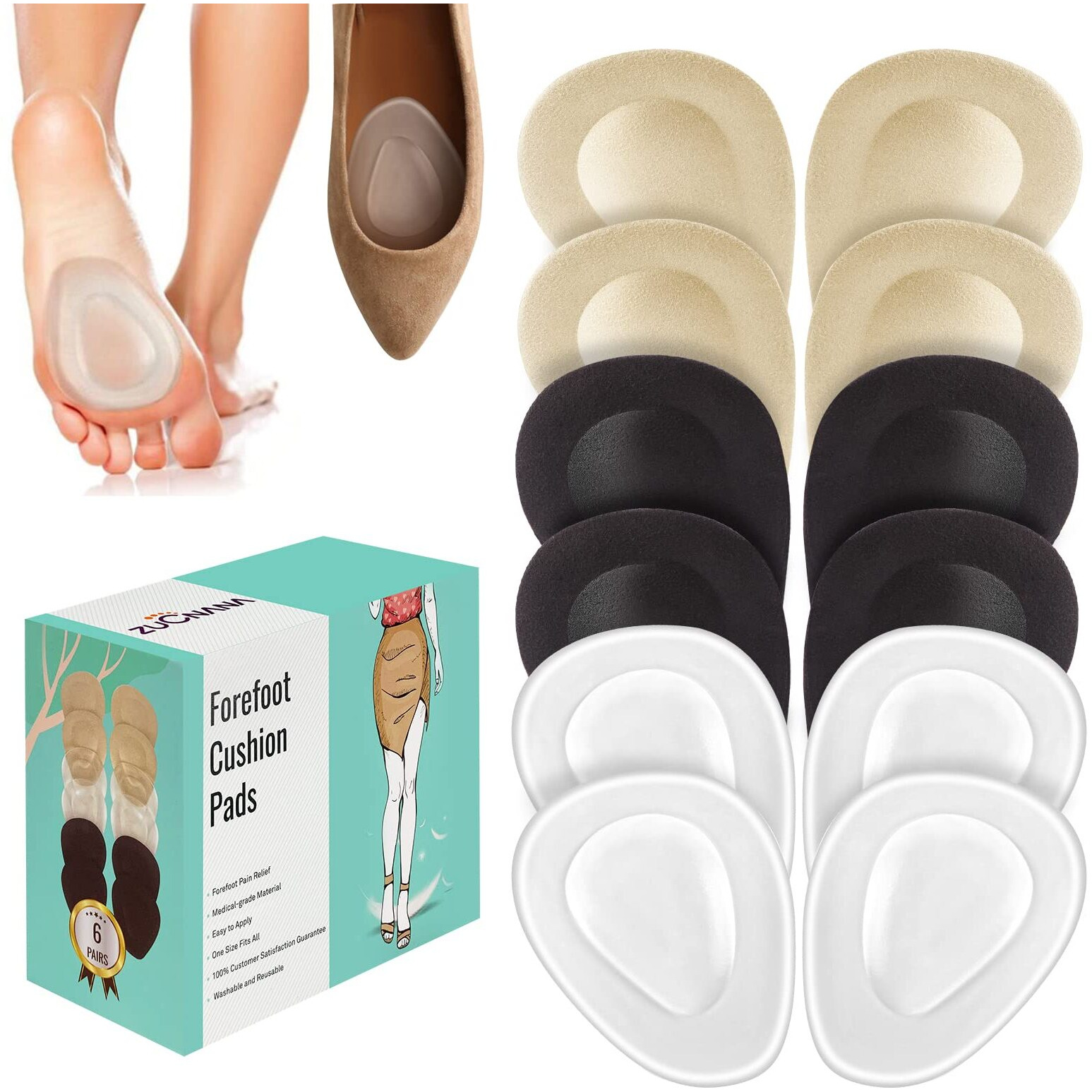 Zucnana Metatarsal Pads For Women (12 Pieces) | Ball Of Foot Cushions For Women High Heels | Soft Gel Shoe Inserts For Foot Pain Relief From Mortons Neuroma And Callus | Anti-Slip One Size Fits Any
