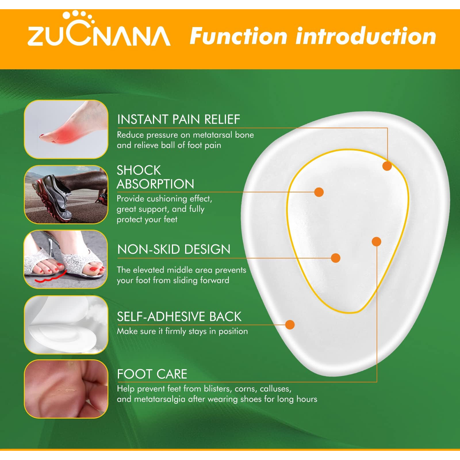 Zucnana Metatarsal Pads For Women (12 Pieces) | Ball Of Foot Cushions For Women High Heels | Soft Gel Shoe Inserts For Foot Pain Relief From Mortons Neuroma And Callus | Anti-Slip One Size Fits Any