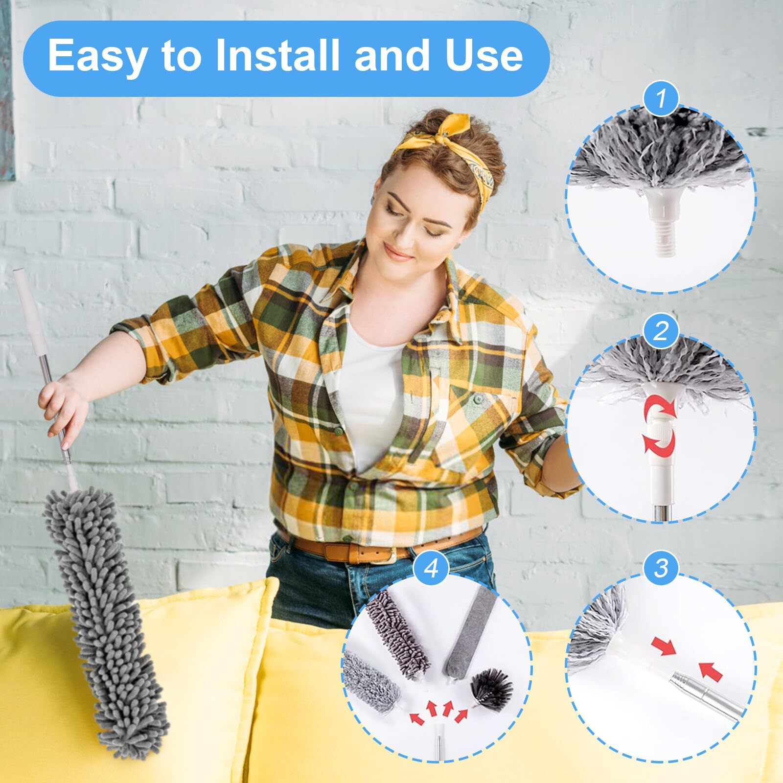 Duster For Cleaning 5-In-1 Kit  100 Inches Duster With Extension Pole  Extendable Duster  Microfiber Feather Duster  Cobweb Dusters For High Ceilings  Furniture  Blinds  Wall- Grey