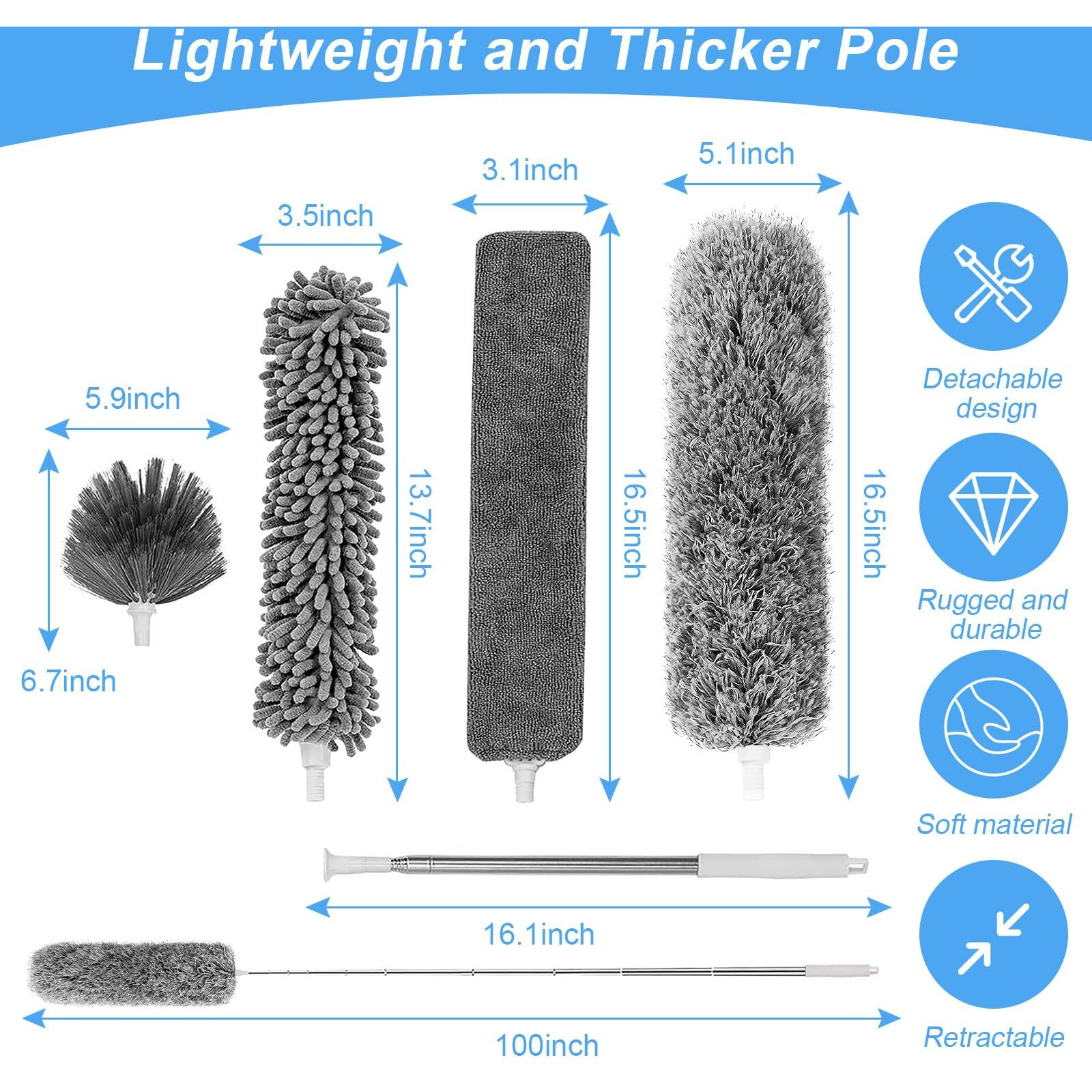 Duster For Cleaning 5-In-1 Kit  100 Inches Duster With Extension Pole  Extendable Duster  Microfiber Feather Duster  Cobweb Dusters For High Ceilings  Furniture  Blinds  Wall- Grey