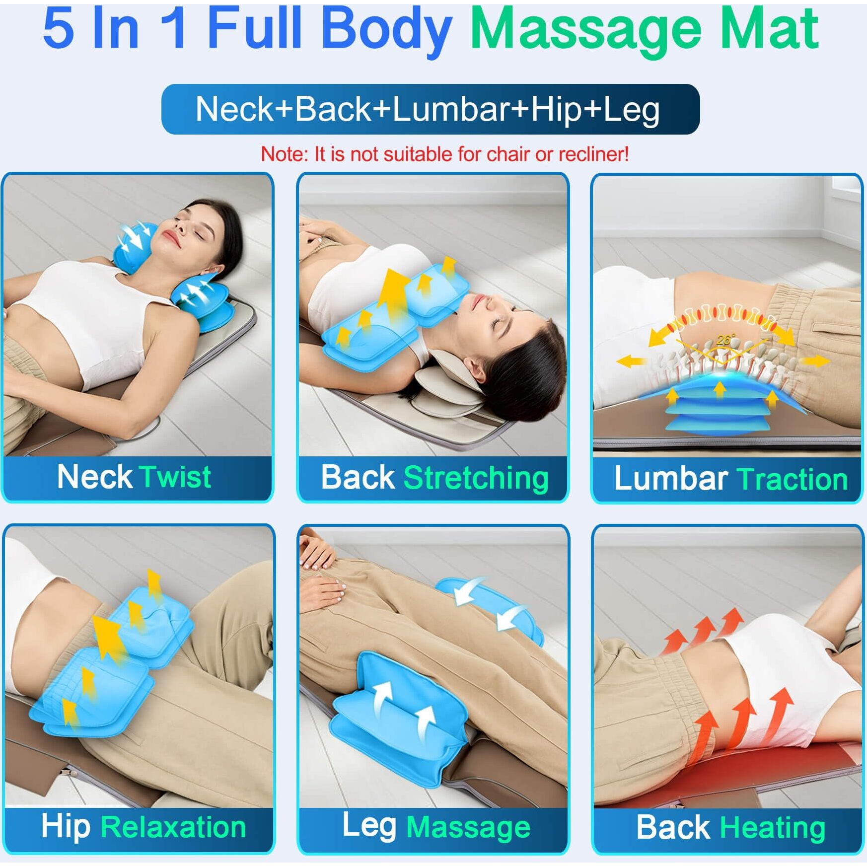 Full Body Massage Mat  3D Body Stretching & Lumbar Traction  Back Heating  Traction Up & Down  Curve Stretch  Twist Left & Right  4 Modes 3 Intensities 3 Heat Levels  Pu Leather  Foldable  Fit 5'1-6'0
