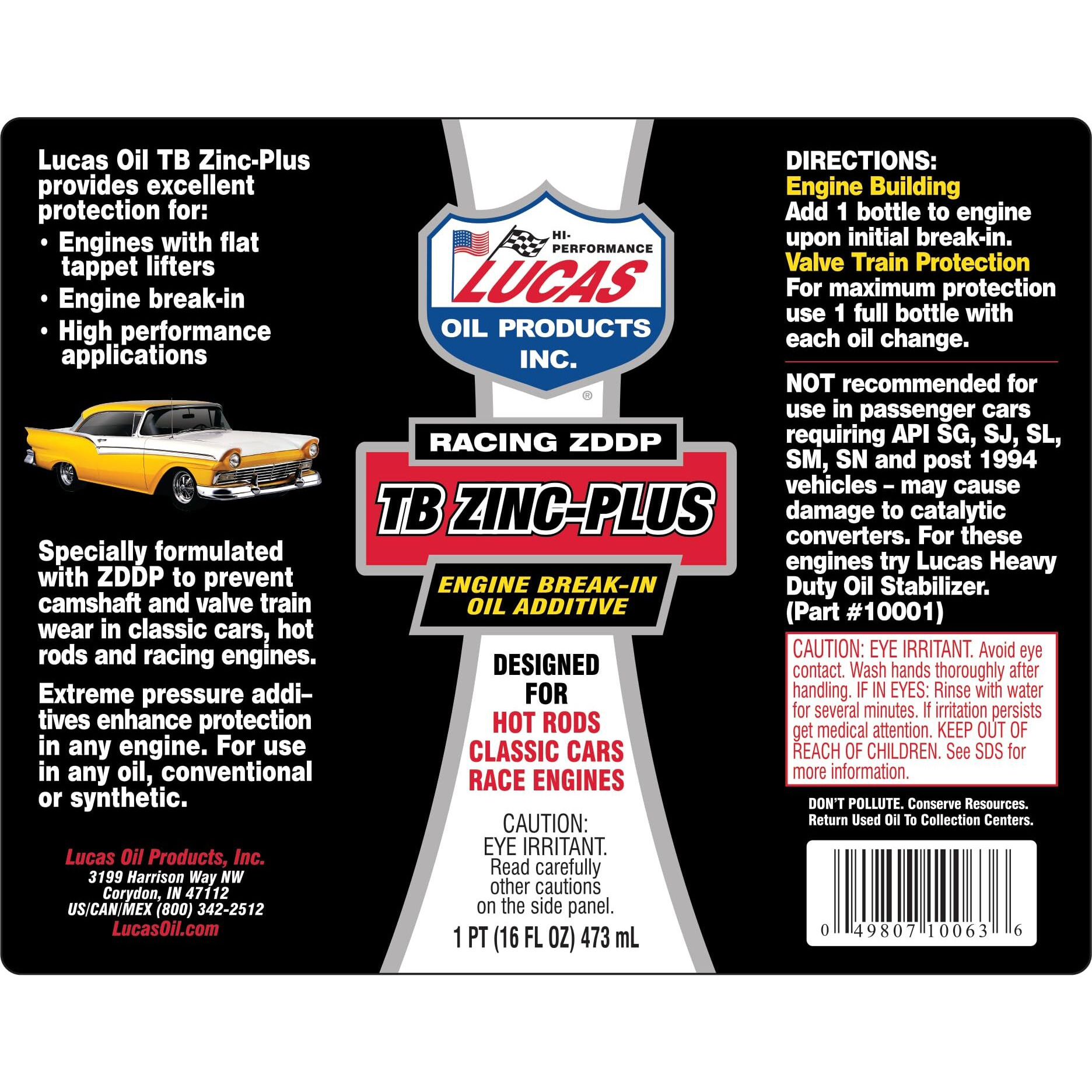 Lucas Oil 10063 Engine Break In Oil Additive W/ Tb Zinc Plus - 16 Ounce