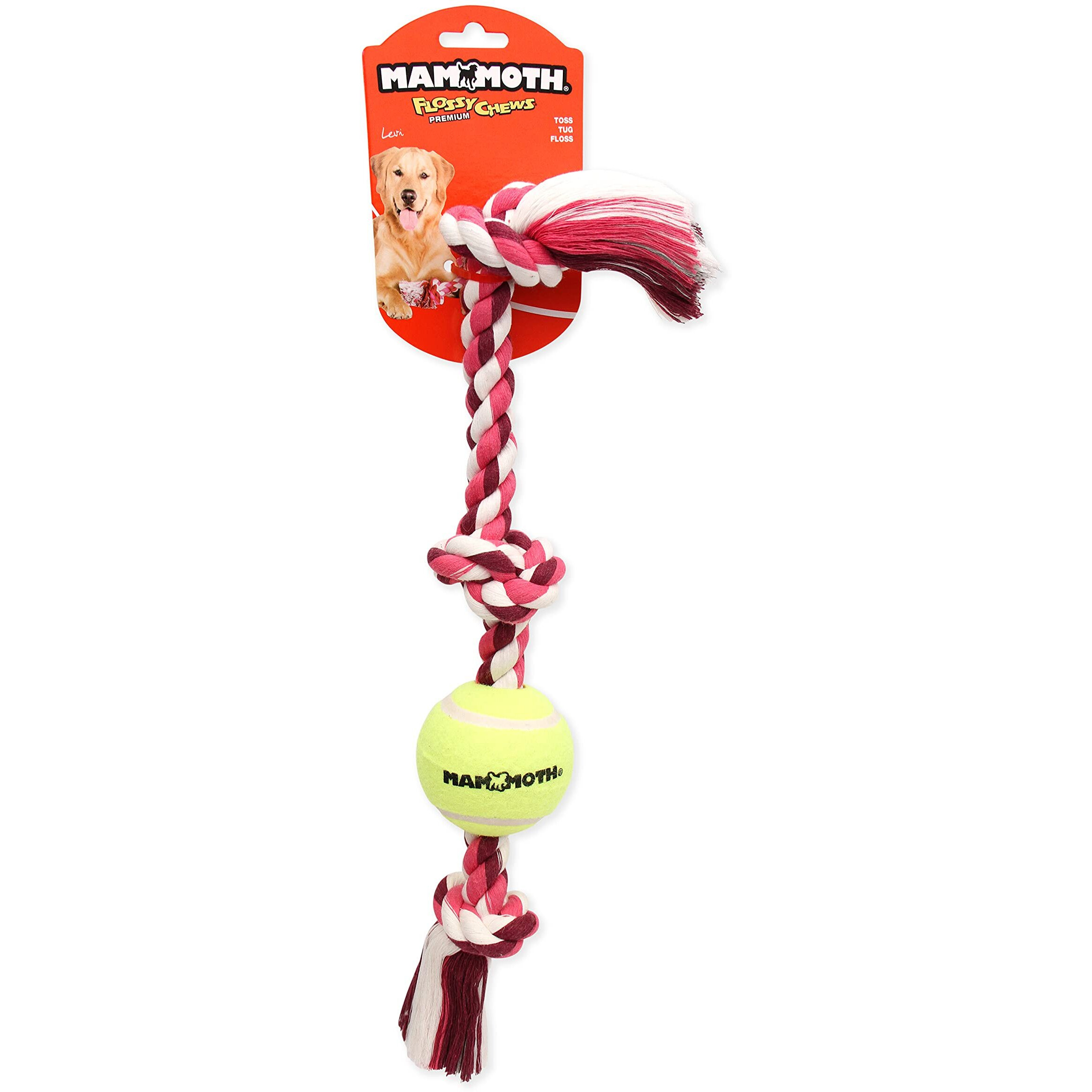Mammoth Flossy Chews Color 3 Knot Tug W/Standard Tennis Ball - Premium Cotton-Poly Tug Toy For Dogs - Interactive- Rope Dog Toy For Medium Dogs - 20
