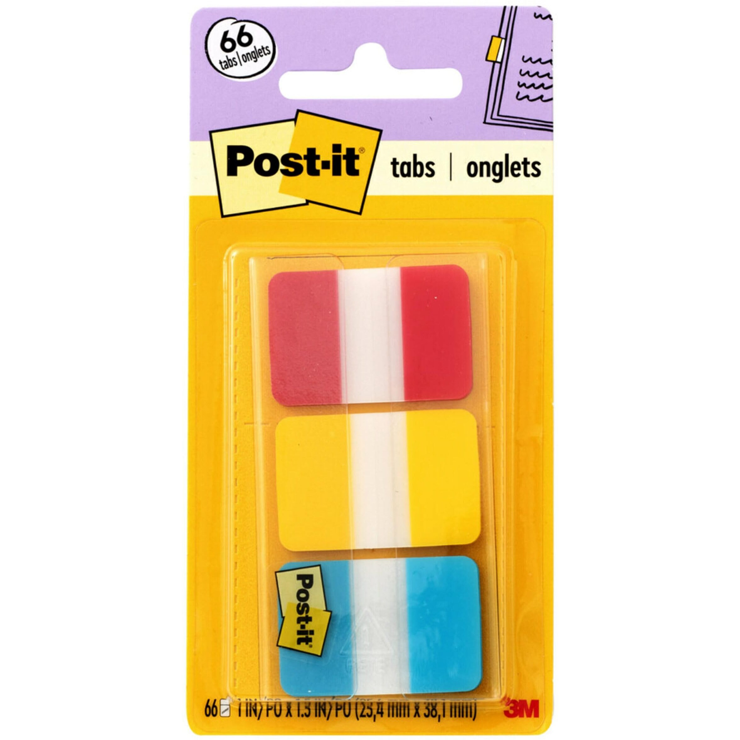 Post-It Tabs  1 In  Solid  Red  Yellow  Blue  22 Tabs/Color  66 Tabs/On-The-Go Dispenser (686-Ryb)