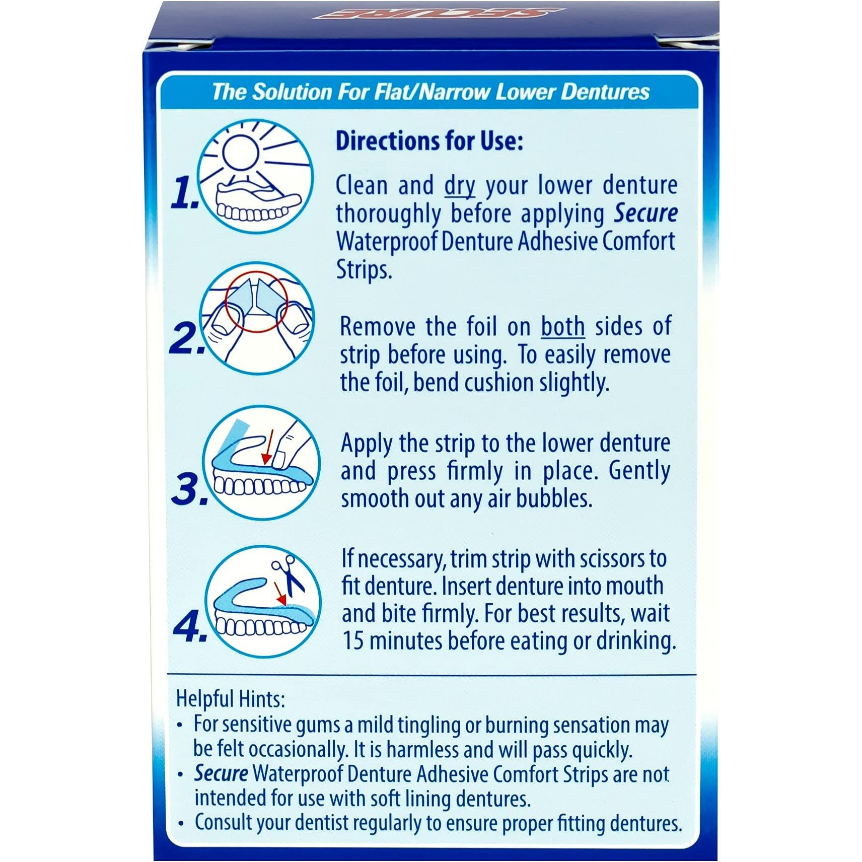 Secure Comfort Strips Waterproof Denture Adhesive - Zinc Free - Extra Firm Hold For Lower Dentures - 15 Count (Pack Of 2)