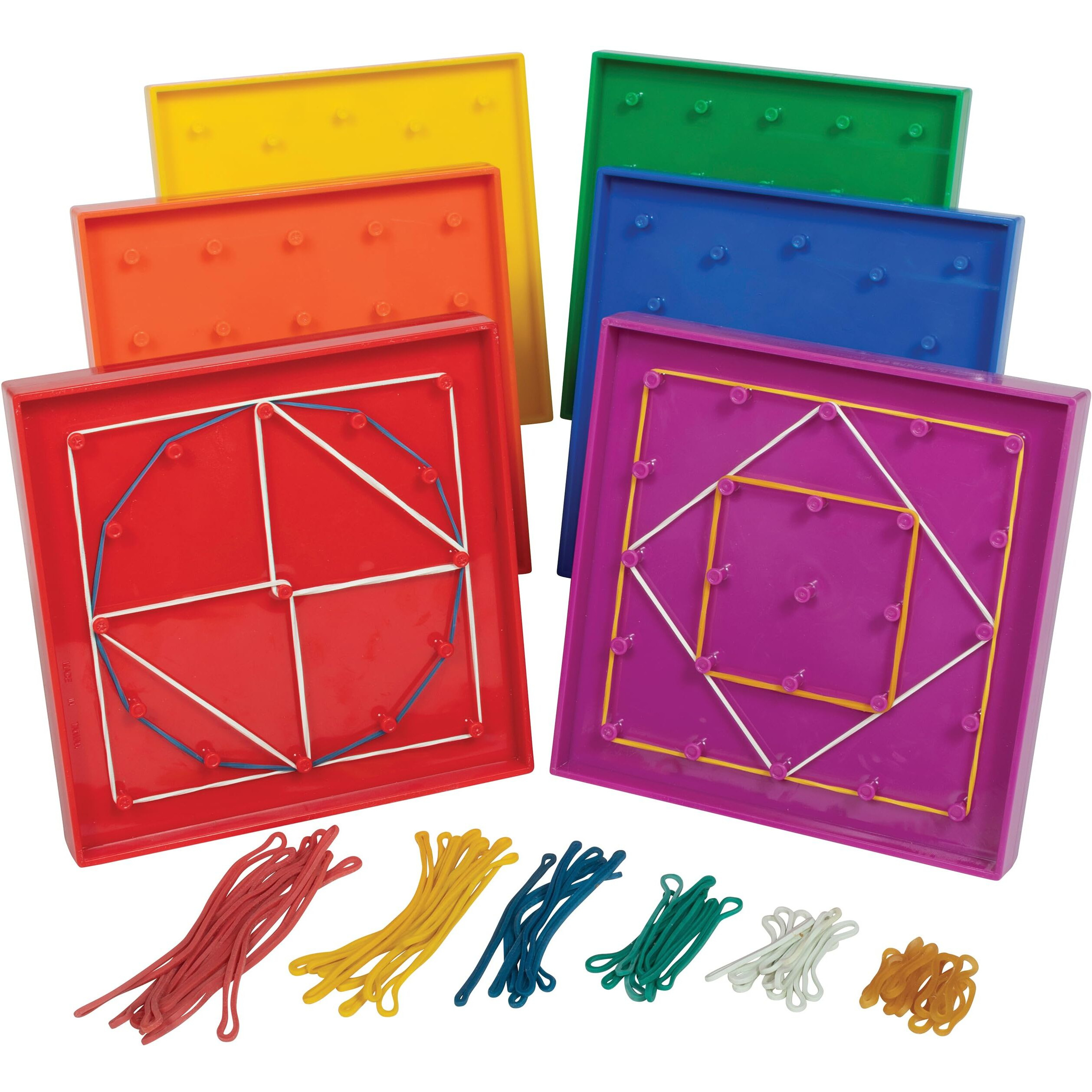 Edxeducation Double-Sided Geoboard Set - In Home Learning Manipulative For Geometry And Creativity - 5 X 5 Grid/12 Pin Circular Array - Set Of 6 With Rubber Bands
