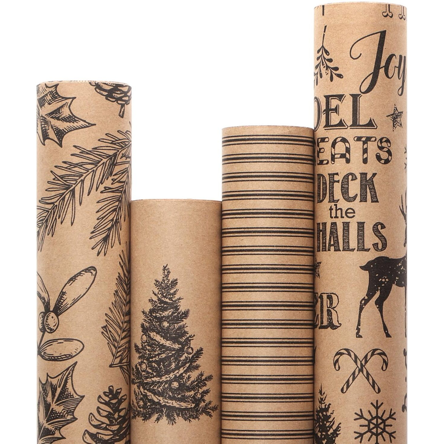 Ribbli 4 Rolls Gift-Wrapping Paper  Vintage Christmas Style  30X120 Inch(10Ft) Per Roll  100 Sq Ft Total  Brown Kraft Paper With Black Pattern