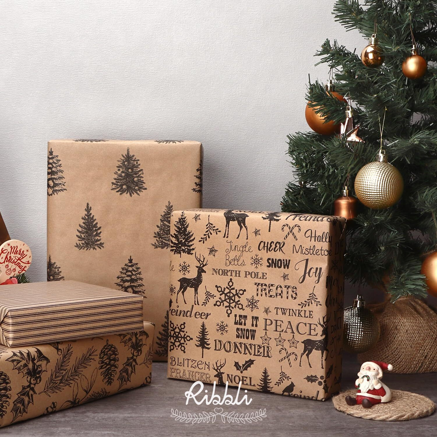 Ribbli 4 Rolls Gift-Wrapping Paper  Vintage Christmas Style  30X120 Inch(10Ft) Per Roll  100 Sq Ft Total  Brown Kraft Paper With Black Pattern