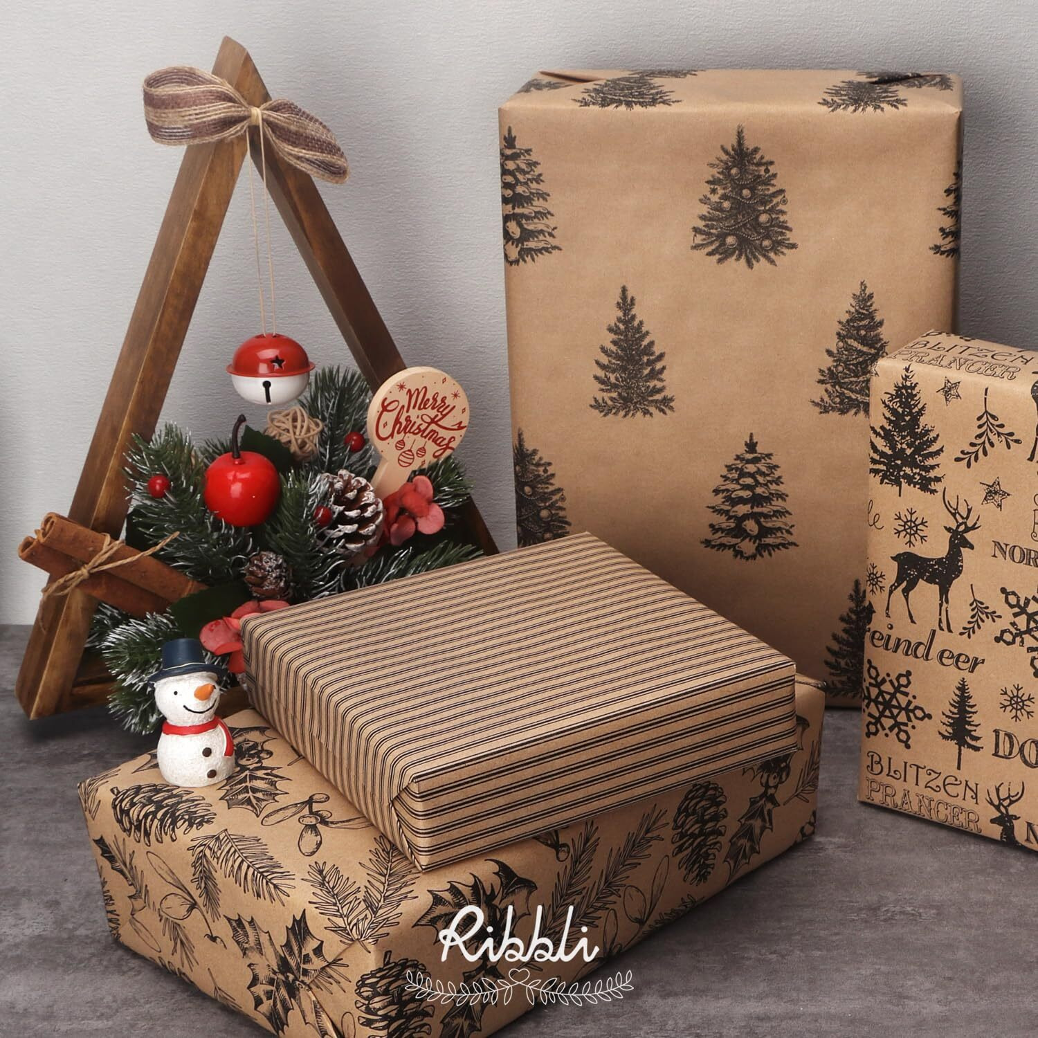 Ribbli 4 Rolls Gift-Wrapping Paper  Vintage Christmas Style  30X120 Inch(10Ft) Per Roll  100 Sq Ft Total  Brown Kraft Paper With Black Pattern