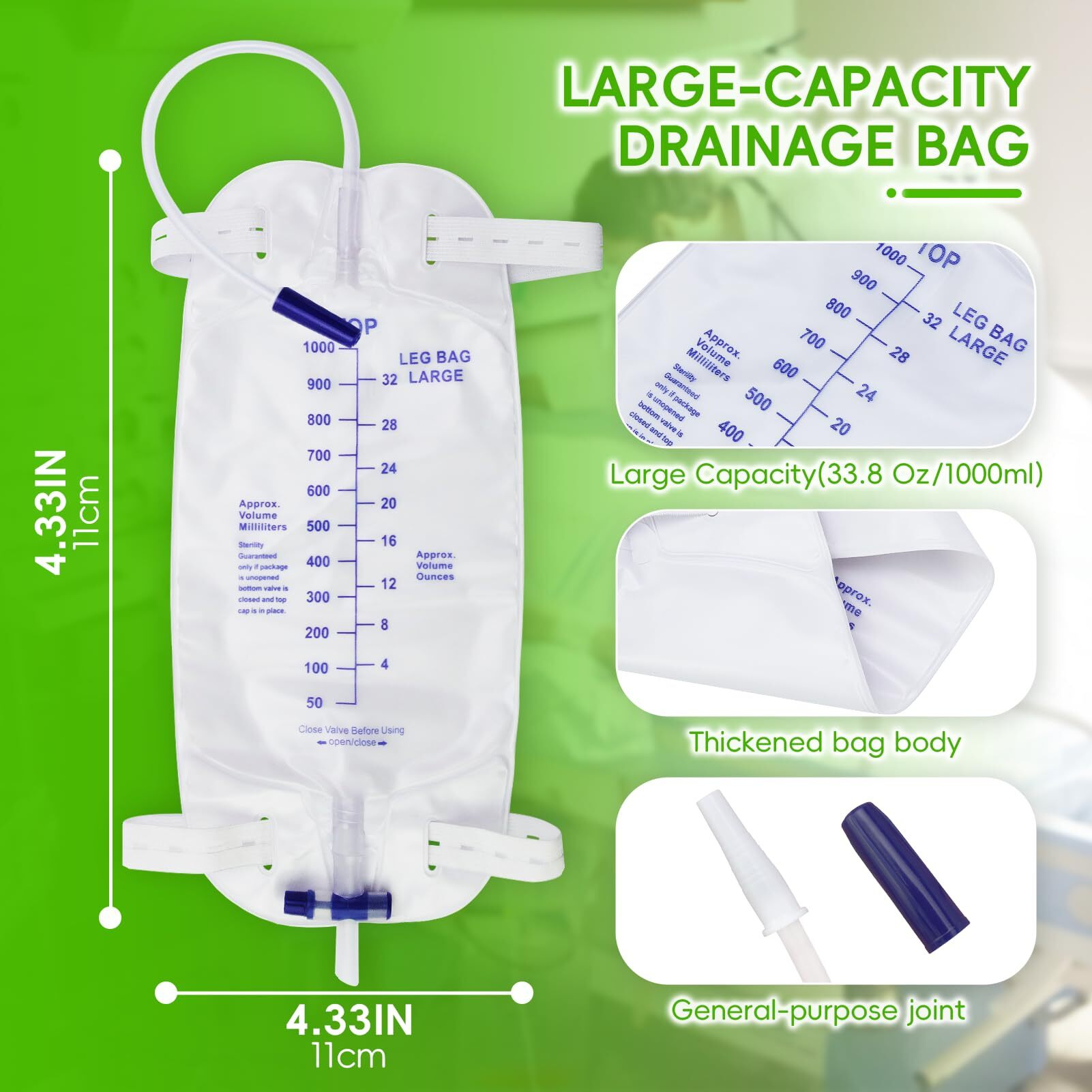 1000Ml Catheter Leg Bags For Men 5Pcs Urinary Drainage Urine Bag For Incontinence Male 2 Adjustable Elastic Straps-Strong Grip Automatic Drain Switch