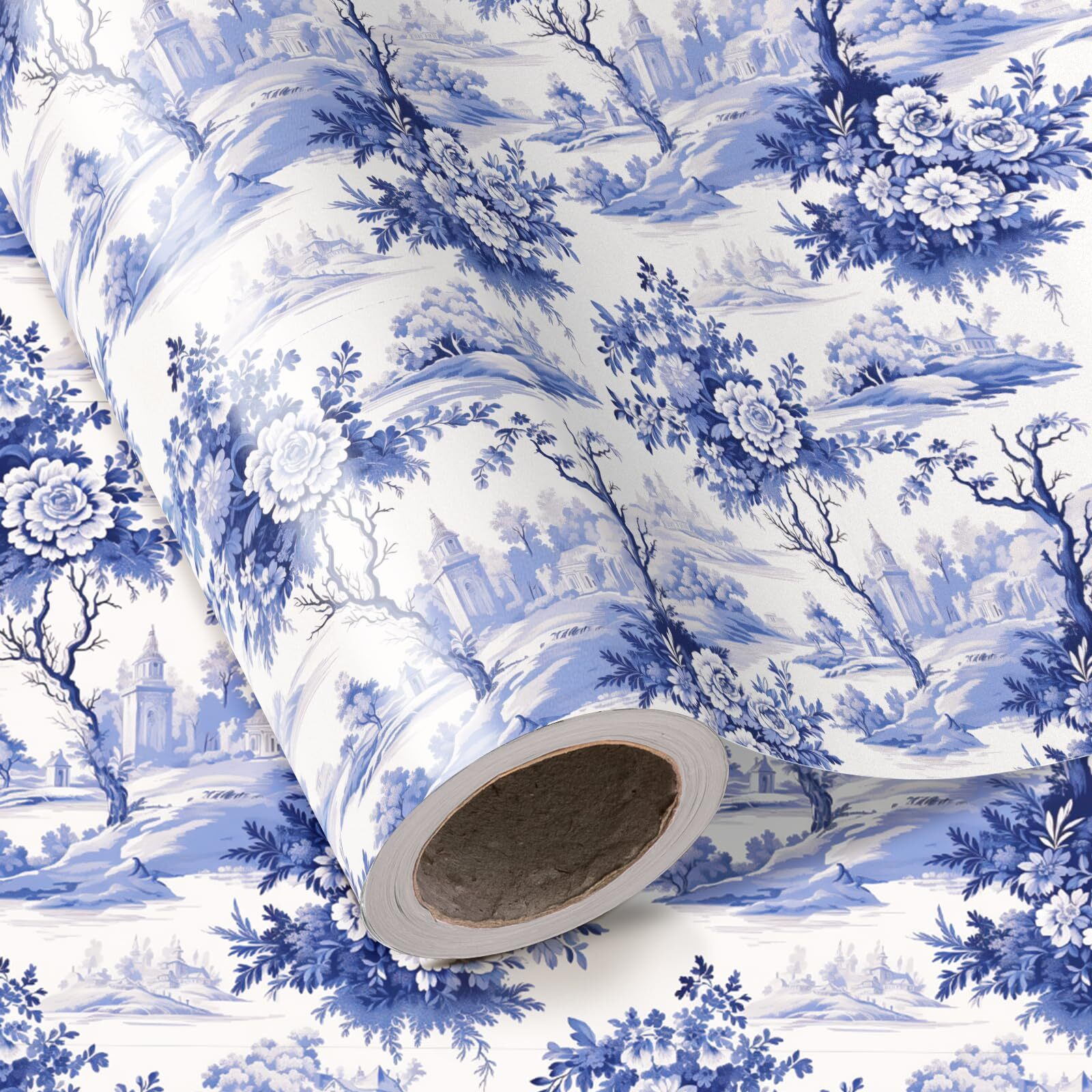 Wrapaholic Blue White Floral Wrapping Paper Roll - Mini Roll - 17 Inch X 16.5 Feet - Vintage Blue French Toile De Jouy Design Perfect For Wedding  Birthday  Bridal Shower  Tea Party