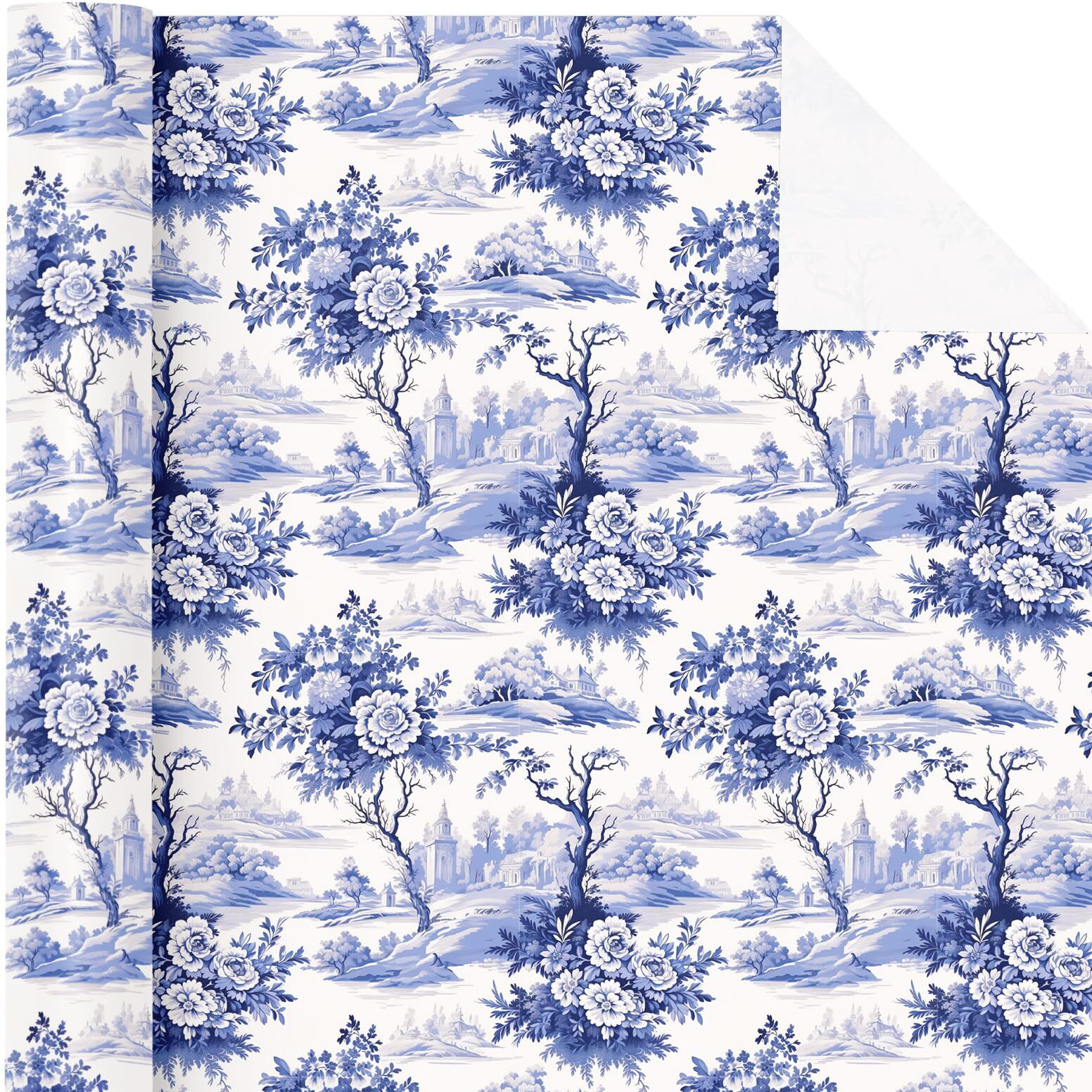 Wrapaholic Blue White Floral Wrapping Paper Roll - Mini Roll - 17 Inch X 16.5 Feet - Vintage Blue French Toile De Jouy Design Perfect For Wedding  Birthday  Bridal Shower  Tea Party