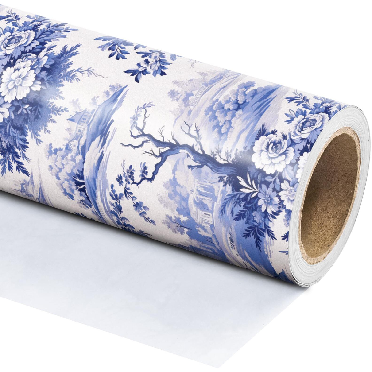 Wrapaholic Blue White Floral Wrapping Paper Roll - Mini Roll - 17 Inch X 16.5 Feet - Vintage Blue French Toile De Jouy Design Perfect For Wedding  Birthday  Bridal Shower  Tea Party