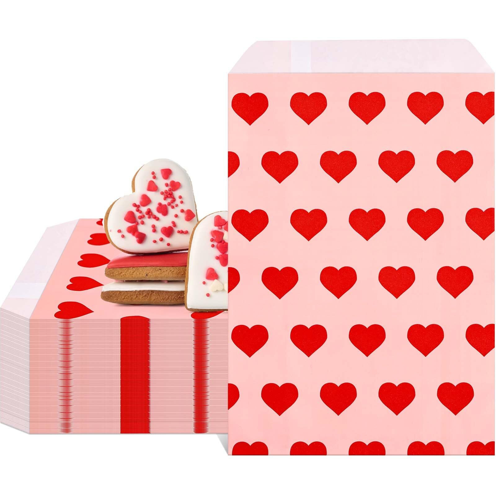 100Pcs Mother's Day Treat Bags Pink Red Heart Paper Gift Bags Mother's Day Party Goodie Candy Bags For Wedding Anniversary Mother's Day Valentine's Day Party Supplies