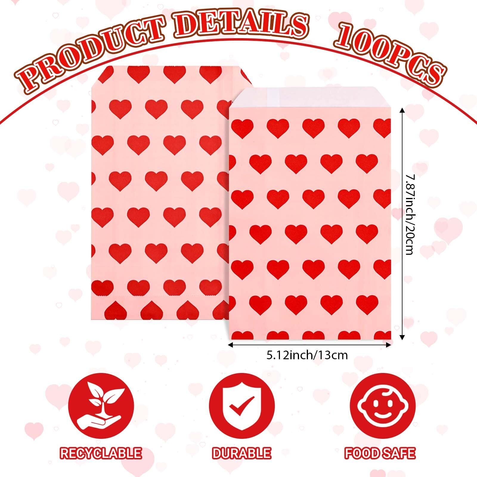 100Pcs Mother's Day Treat Bags Pink Red Heart Paper Gift Bags Mother's Day Party Goodie Candy Bags For Wedding Anniversary Mother's Day Valentine's Day Party Supplies