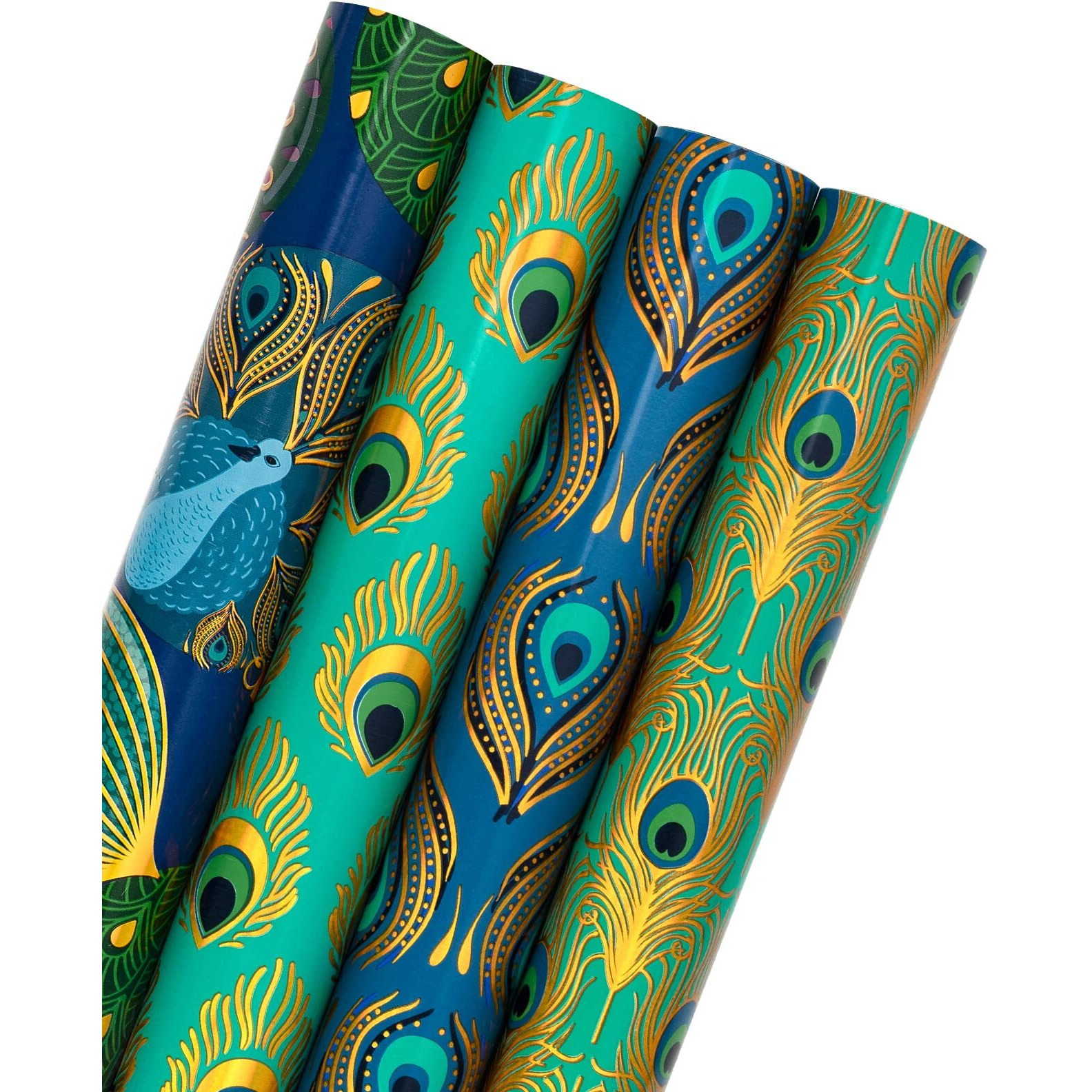 Wrapaholic Peacock Christmas Wrapping Paper Roll - Green Peacock Elements Patterns With Metallic Foil Shine - 4 Rolls - 30 Inch X 120 Inch Per Roll