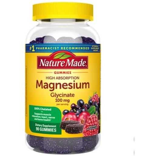 Nature Made High Absorption Magnesium Glycinate Gummies - 100 Mg Per Serving - Supports Muscle Function & Relaxation - Delicious Berry Flavor -90 Gummies