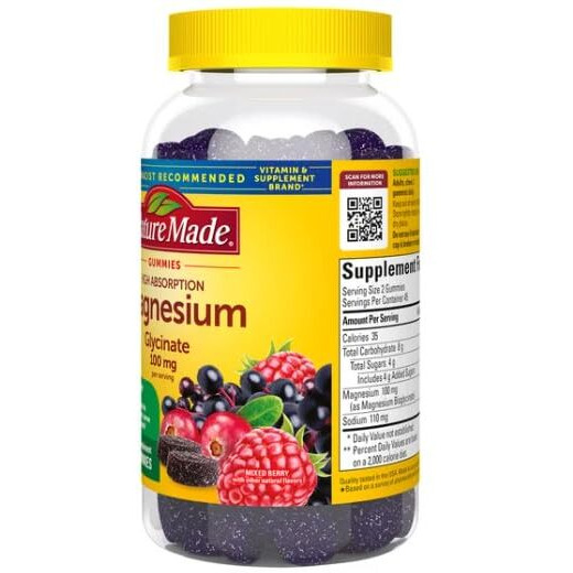Nature Made High Absorption Magnesium Glycinate Gummies - 100 Mg Per Serving - Supports Muscle Function & Relaxation - Delicious Berry Flavor -90 Gummies