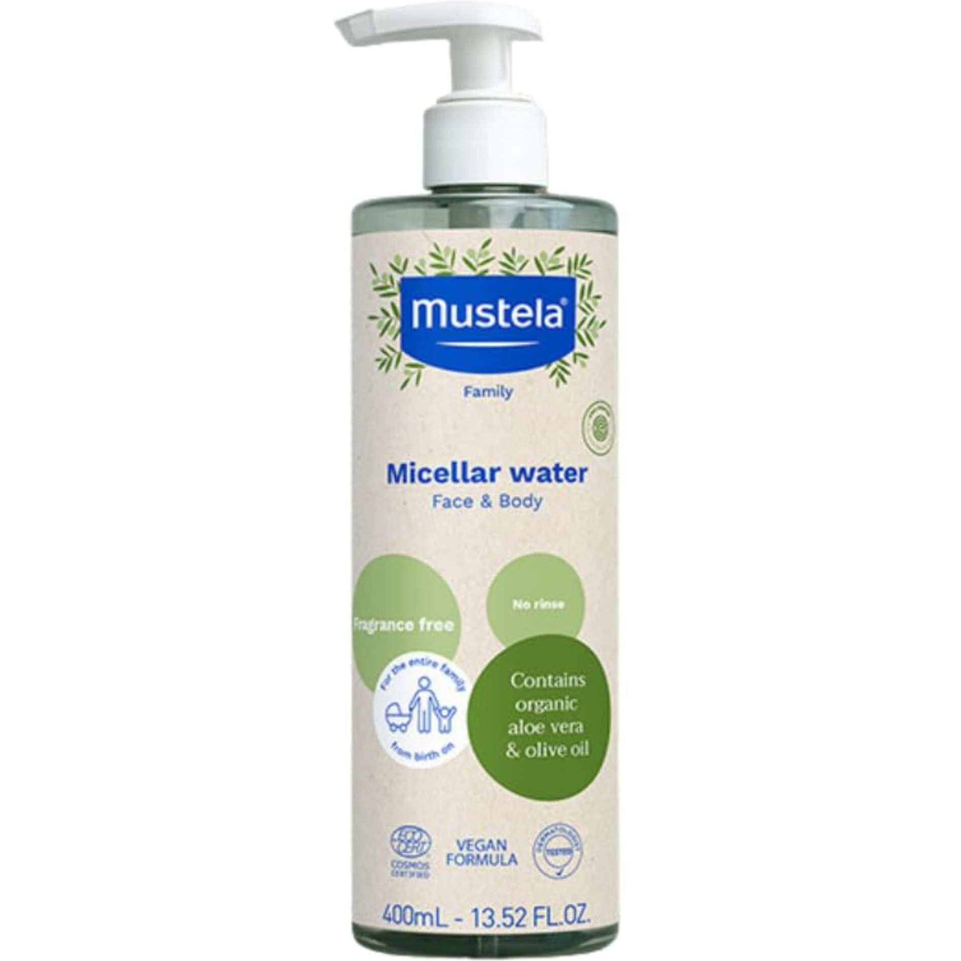 Mustela Certified Organic Micellar Cleansing Water -No-Rinse Natural Water Cleanser W/ Olive Oil & Aloe Vera - For Baby  Kid & Adult - Fragrance Free  Ewg Verified & Vegan -13.5 Oz-Packaging May Vary