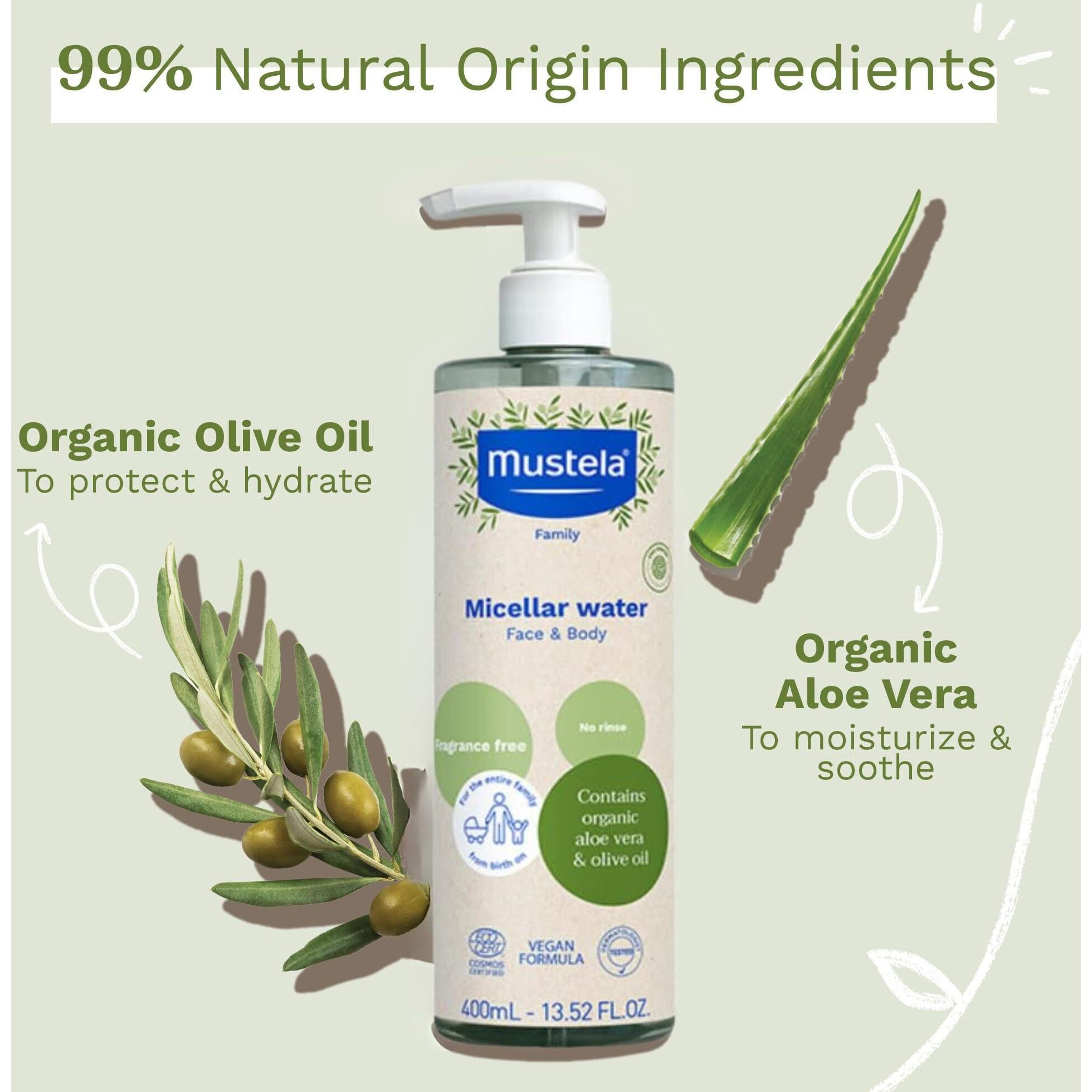 Mustela Certified Organic Micellar Cleansing Water -No-Rinse Natural Water Cleanser W/ Olive Oil & Aloe Vera - For Baby  Kid & Adult - Fragrance Free  Ewg Verified & Vegan -13.5 Oz-Packaging May Vary