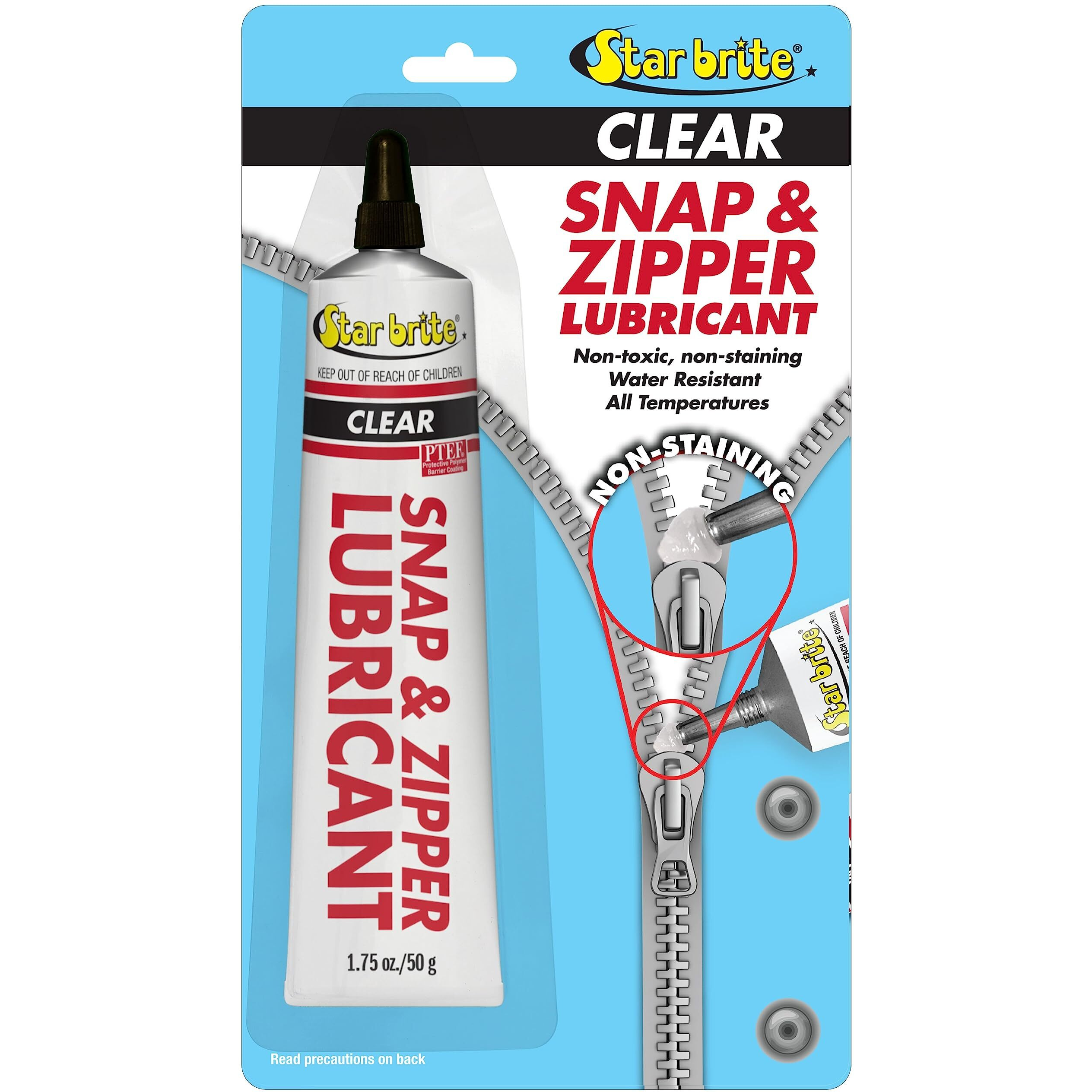 Star Brite Snap & Zipper Lubricant - Clear  Non-Staining For Clothes  Jeep Tops  Wetsuits  Dive Suits  Gear Bags  Coolers  Biminis  Cushion Covers & More 1.75 Oz (089102)