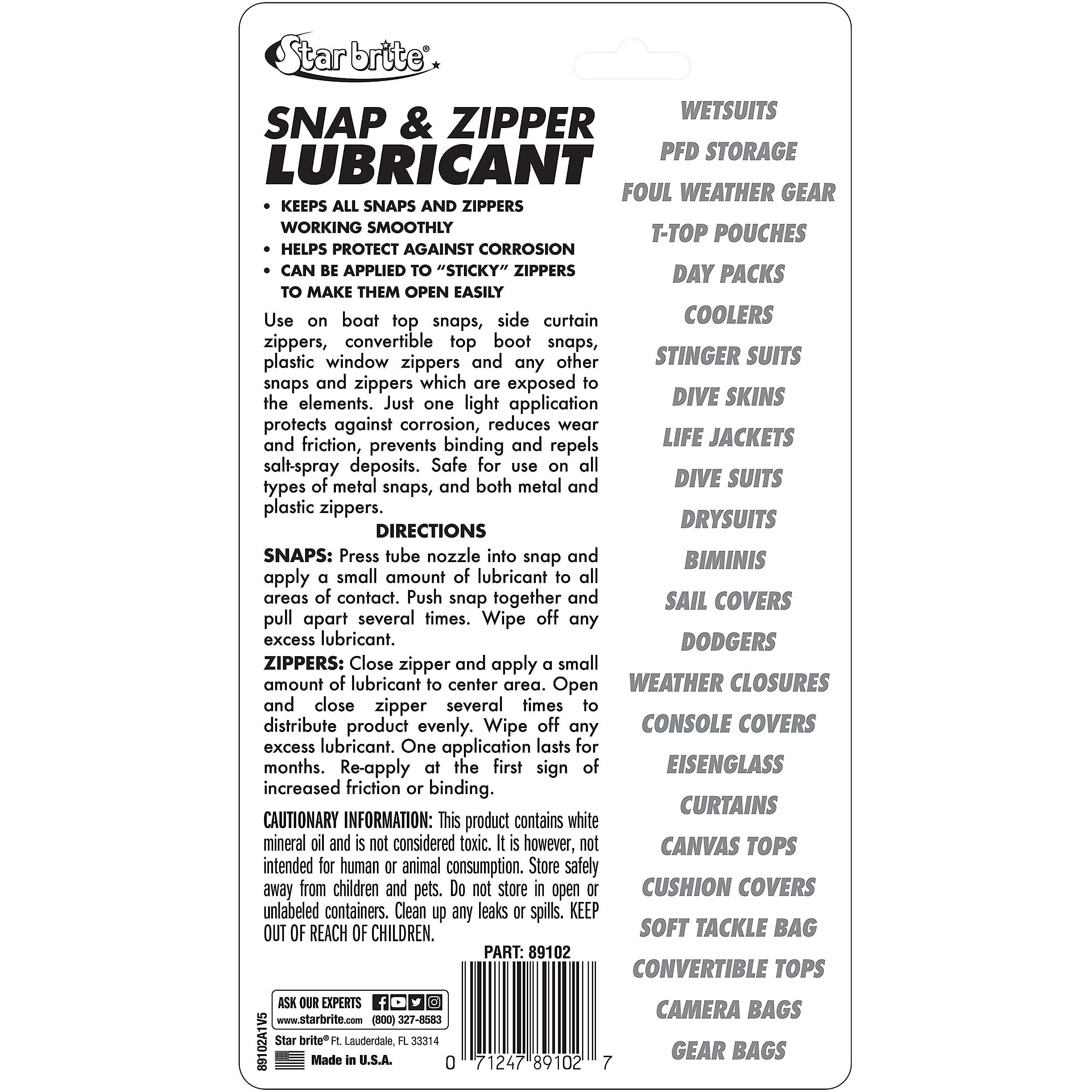 Star Brite Snap & Zipper Lubricant - Clear  Non-Staining For Clothes  Jeep Tops  Wetsuits  Dive Suits  Gear Bags  Coolers  Biminis  Cushion Covers & More 1.75 Oz (089102)