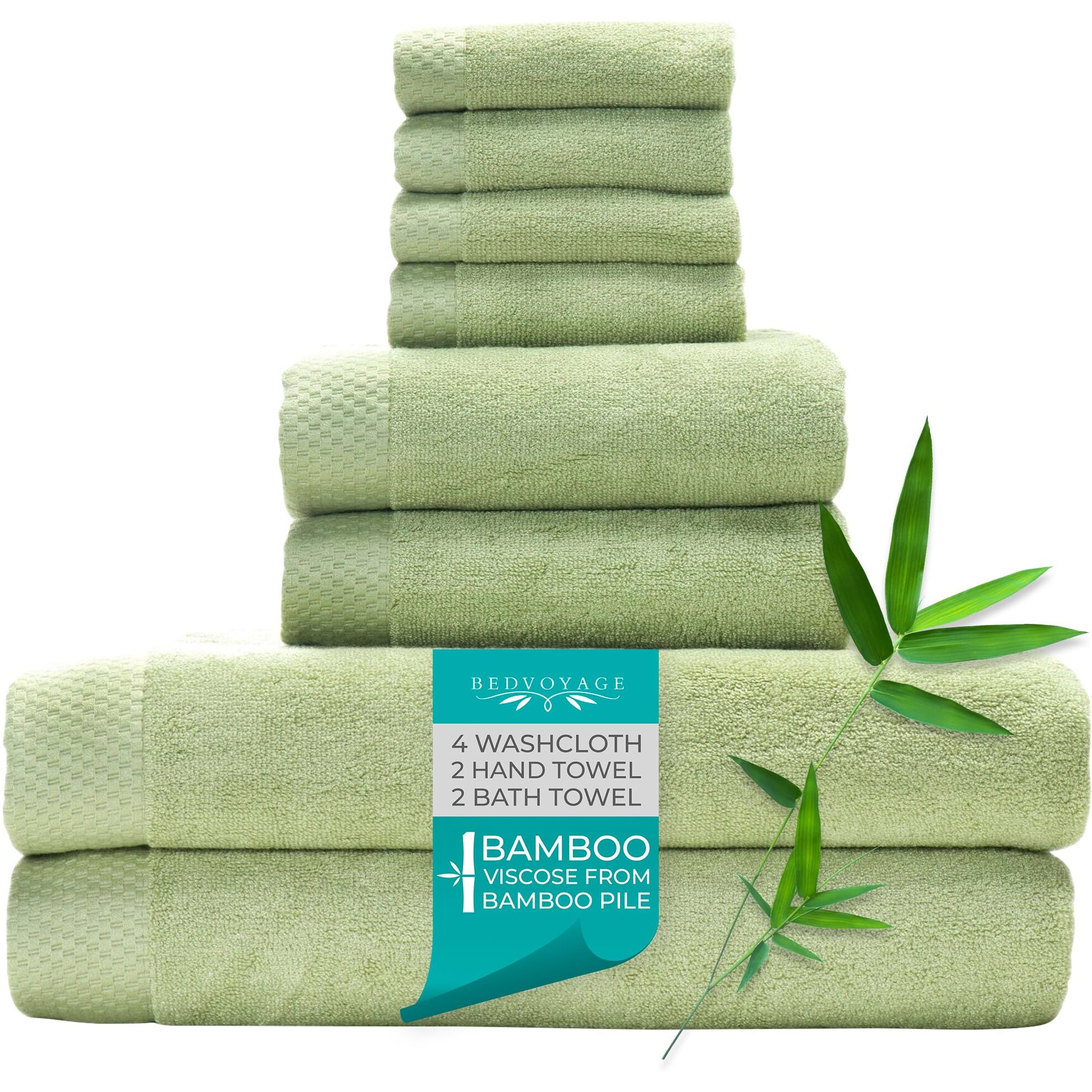 Bedvoyage Luxury Towels  8Pc Set  600 Gsm  Ultra Soft Viscose Derived From Bamboo Bath Towel  Super Absorbent  Extra Large - 2 Bath Size  2 Hand Towels  4 Washcloths (Sage)