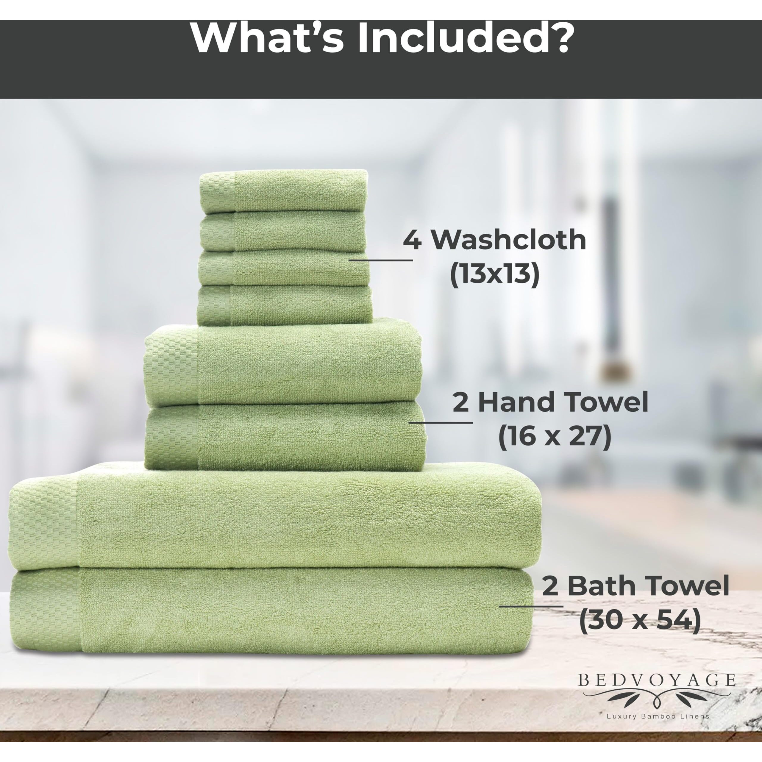 Bedvoyage Luxury Towels  8Pc Set  600 Gsm  Ultra Soft Viscose Derived From Bamboo Bath Towel  Super Absorbent  Extra Large - 2 Bath Size  2 Hand Towels  4 Washcloths (Sage)