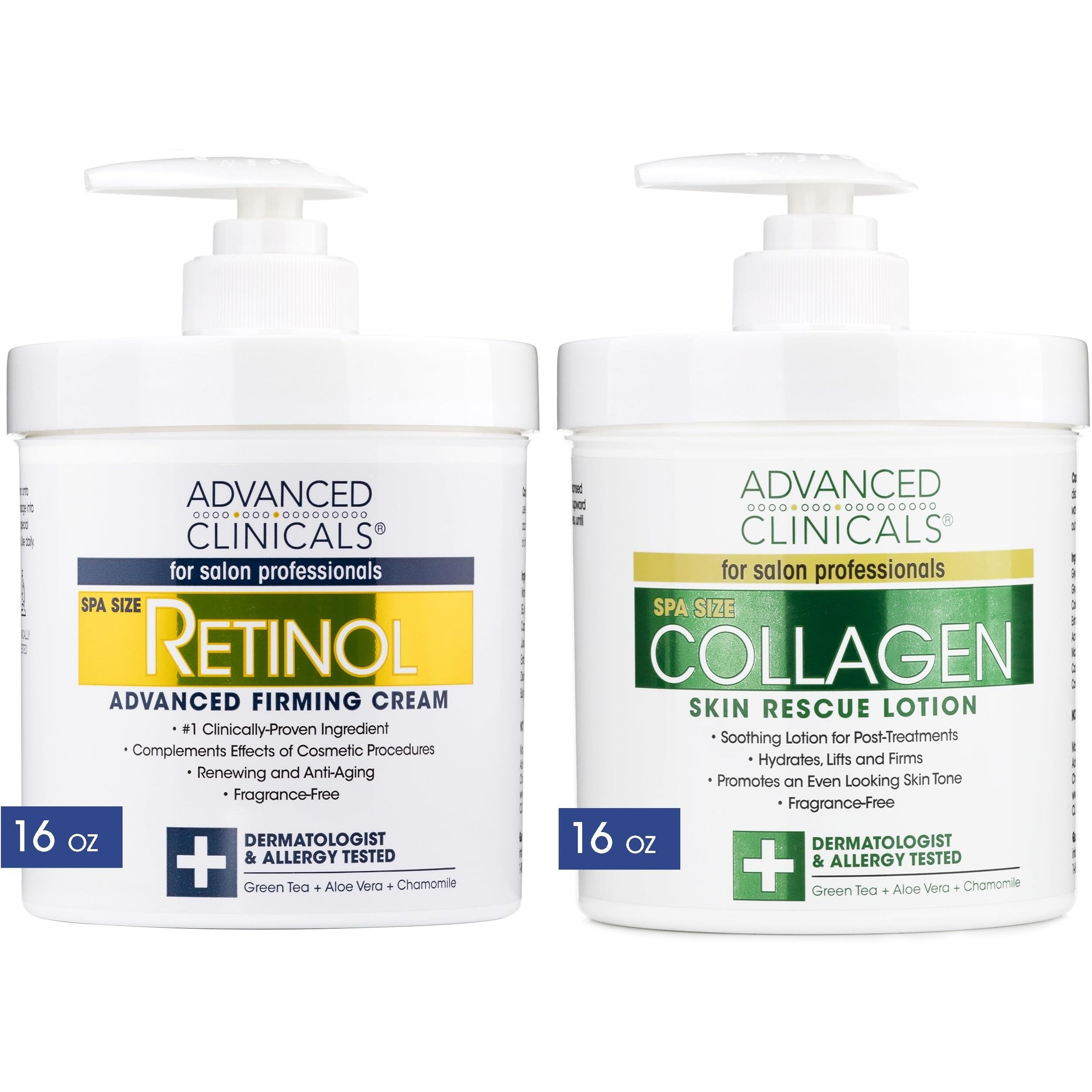 Advanced Clinicals Retinol Body Lotion + Collagen Cream 2Pc Body Skin Care Set | Skin Firming Moisturizer Face Lotion & Skin Tightening Body Cream | Crepey Skin Care Treatment | Fragrance-Free  16Oz