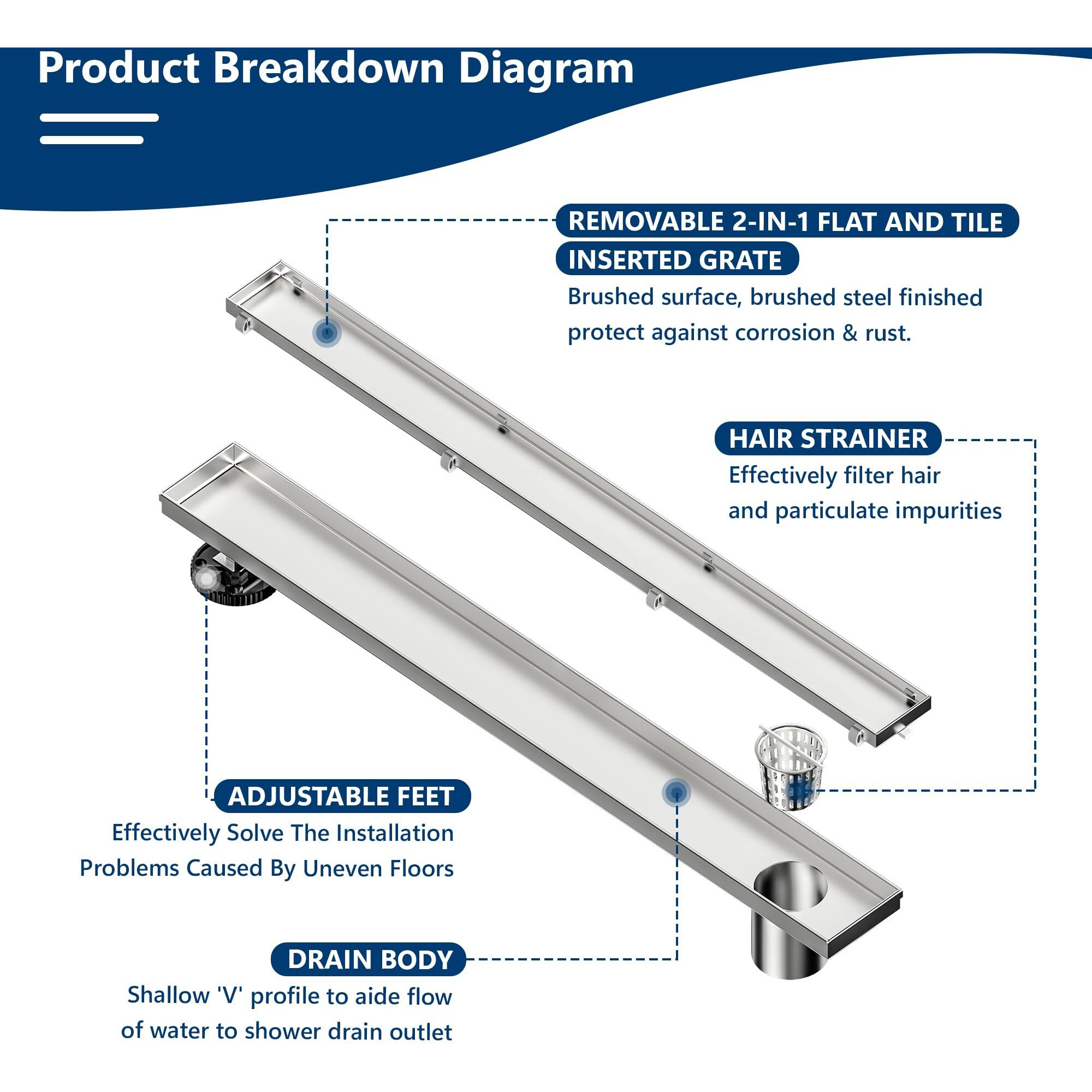 Neodrain 24-Inch Offset Linear Shower Drain With Tile Insert Grate Cover  Brushed 304 Stainless Steel Rectangle Side Outlet Shower Floor Drain  Adjustable Leveling Foot  Hair Strainer/Catcher