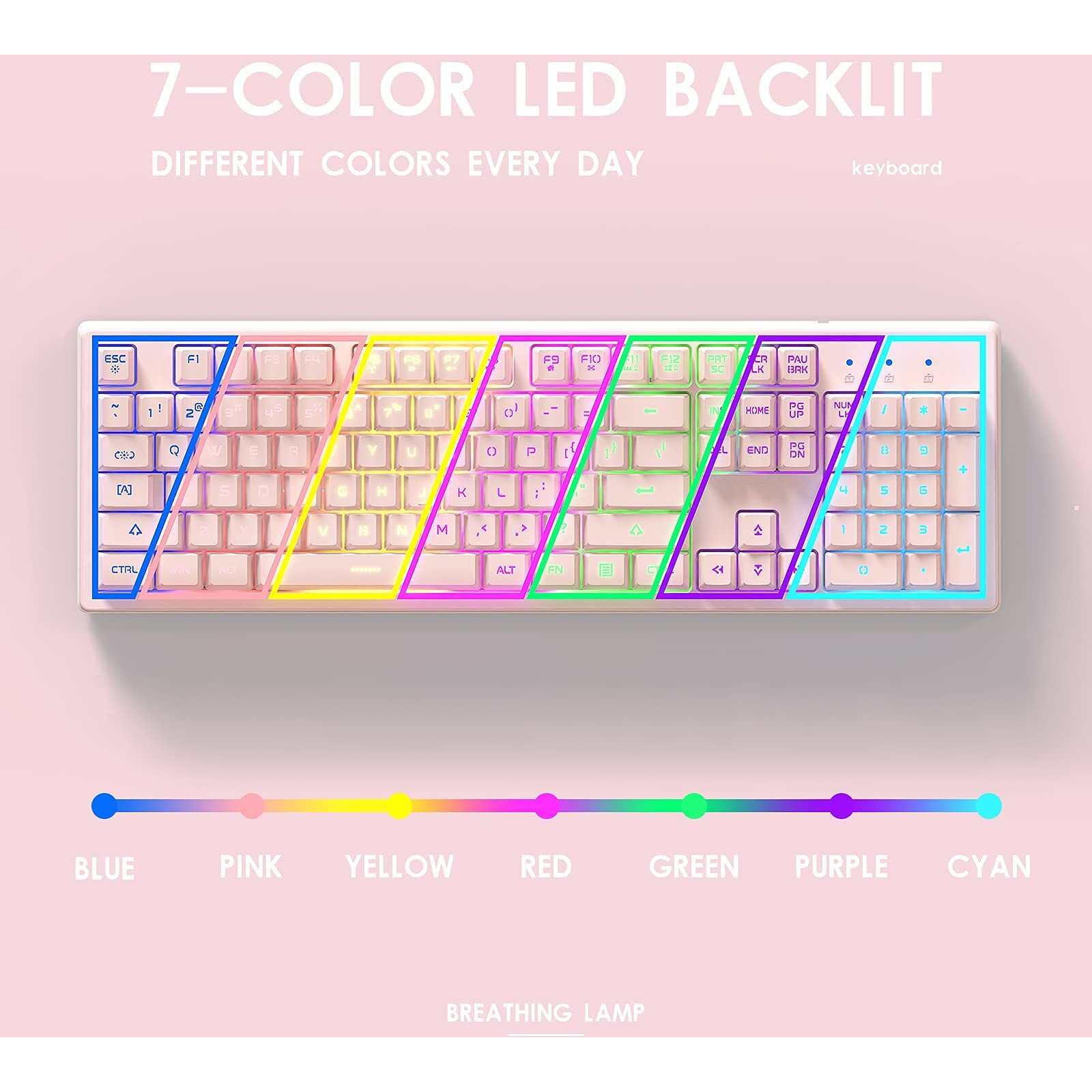 Basaltech Pink Keyboard With 7-Color Led Backlit  104 Keys Quiet Silent Light Up Keyboard  19-Key Anti-Ghosting Cheap Gaming Keyboard Mechanical Feeling Waterproof Wired Usb For Computer  Mac  Laptop