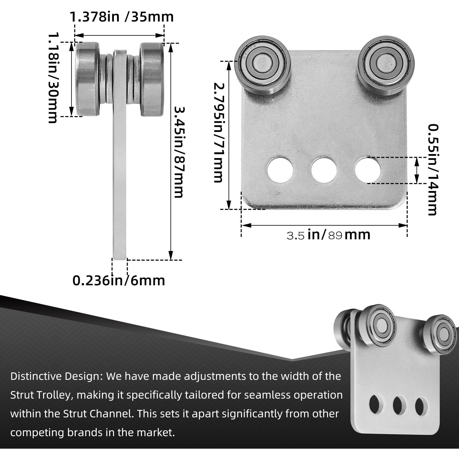 2Pcs 4 Wheel Trolley Assembly Rollers Four Bearing Trolley Assembly For 1-5/8"" Wide And All 1-5/8"" Or Taller Strut Channel