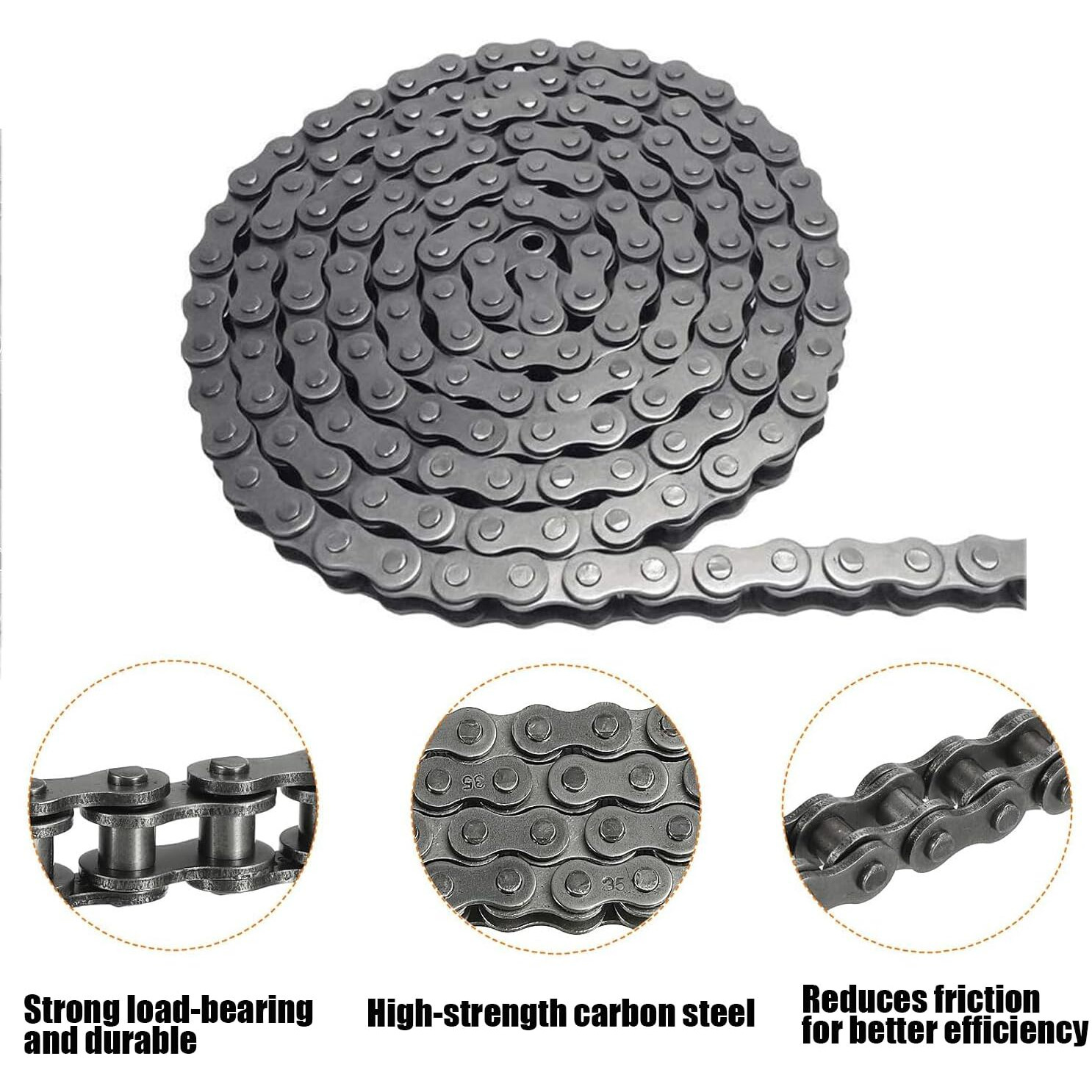 Azssmuk 35 Roller Chain - 5 Feet Carbon Steel Material With 2 Connecting Links Industrial Chain - 160 Links