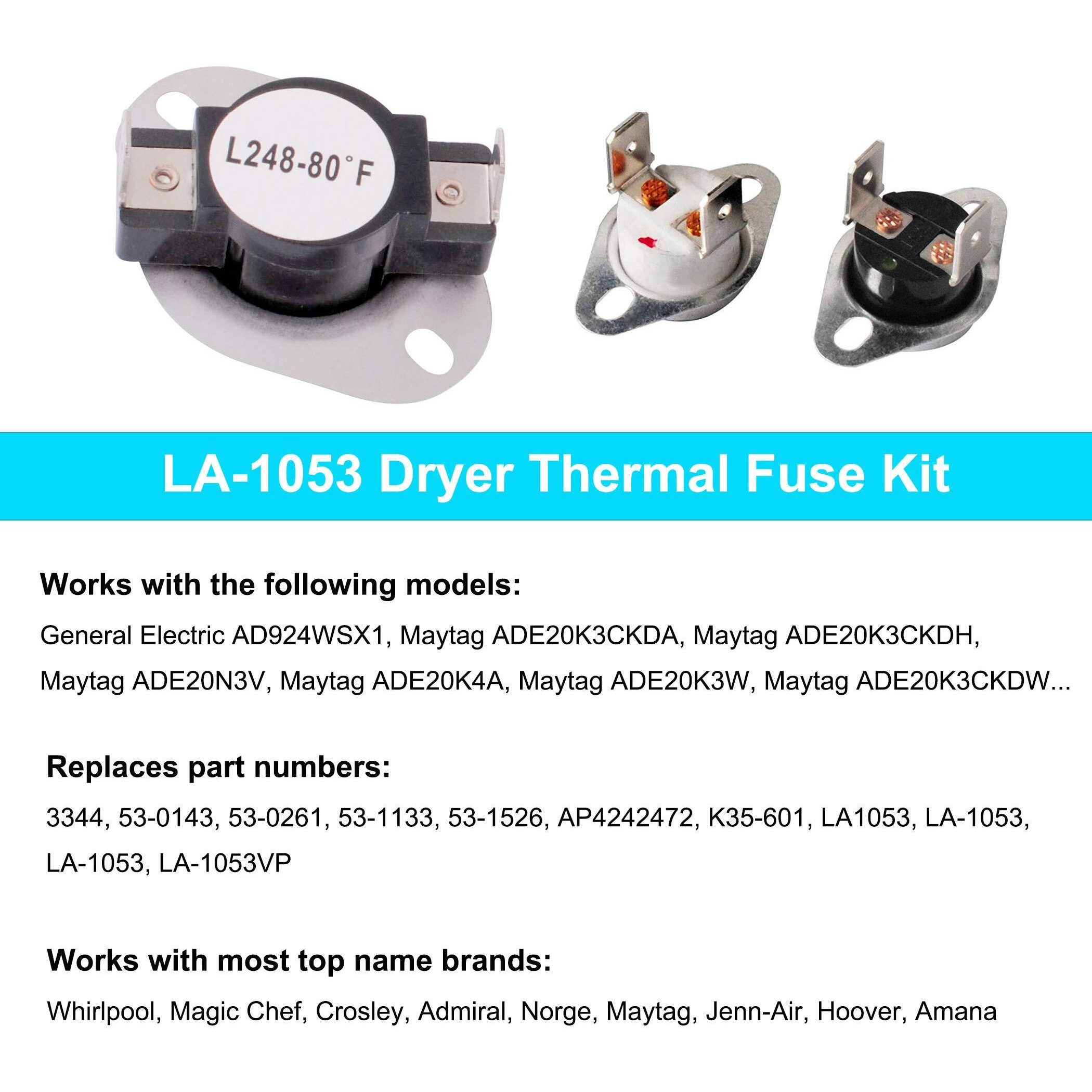 La-1053 Dryer Thermal Fuse Kit 53-1182 53-0771 L248-80'F For Whirlpool Parts Part Number La-1053 Replaces The Following Parts La1053  53-0261  53-1133  53-1526  Ap4242472  3344  53-0143  53