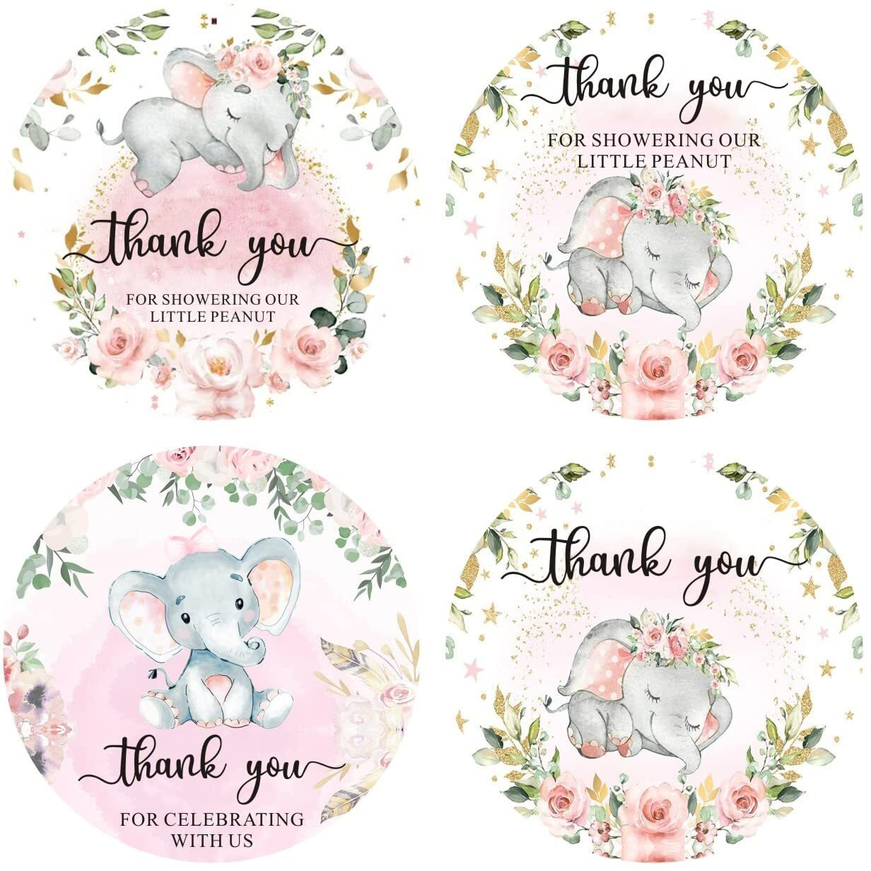 80 Pack Of 2"" Round Cute Elephant Stickers Baby Shower Thank You Stickers For Girl Baby Shower Party Girl Birthday Party Decoration