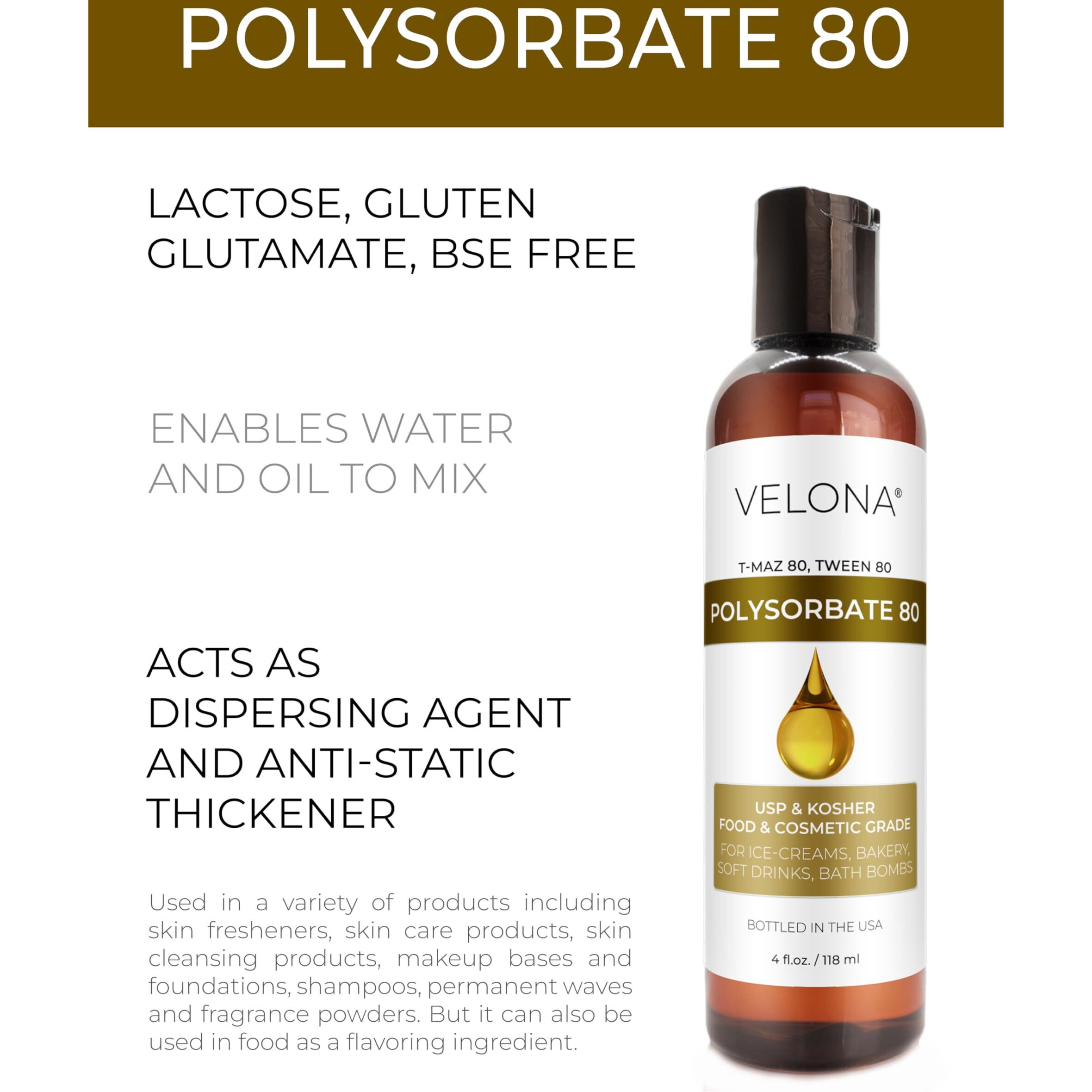 Polysorbate 80 By Velona - 4 Fl Oz | Solubilizer  Food & Cosmetic Grade | All Natural For Cooking  Skin Care And Bath Bombs  Sprays  Foam Maker | Use Today - Enjoy Results