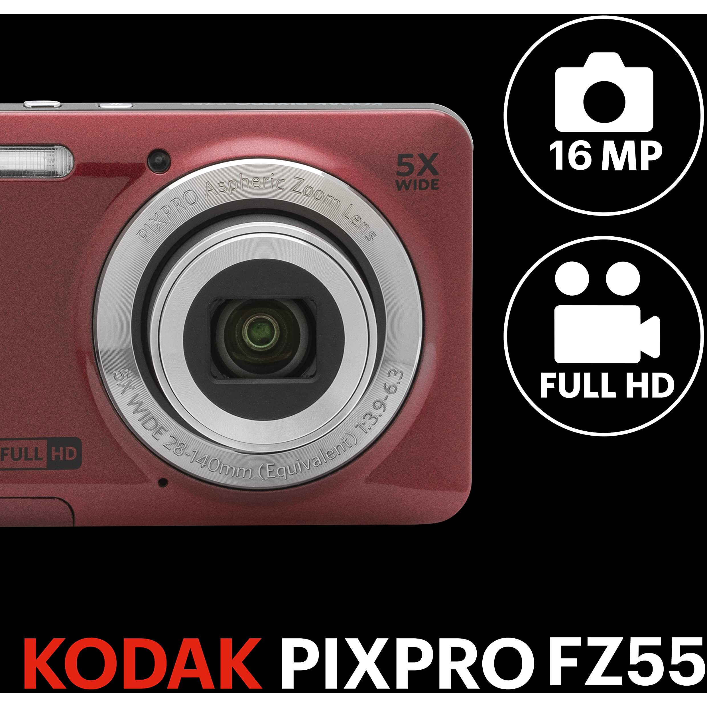 Kodak Pixpro Fz55-Rd 16Mp Digital Camera 5X Optical Zoom 28Mm Wide Angle 1080P Full Hd Video 2.7&quot&quot Lcd Vlogging Camera (Red) Packaging May Vary