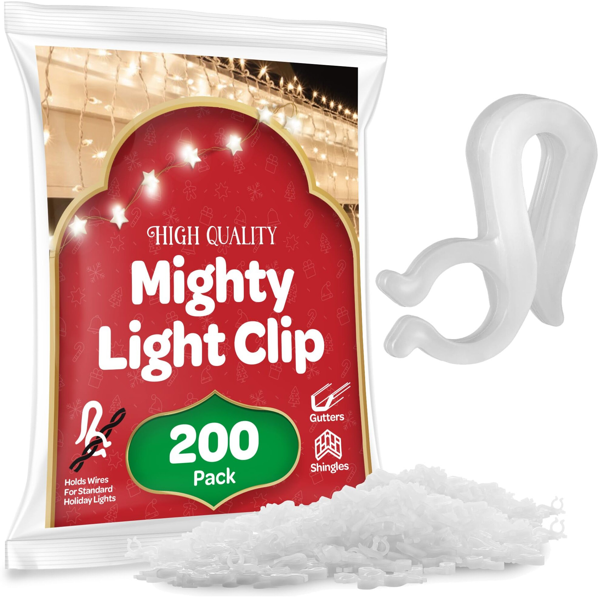Christmas Light Clips - [Set Of 200] Mini Light Clips For Christmas Lights - Light Clips For Gutters - Light Clips For Shingles - Gutter Clips For Hanging Outdoor Lights - Usa Made - No Tools Required