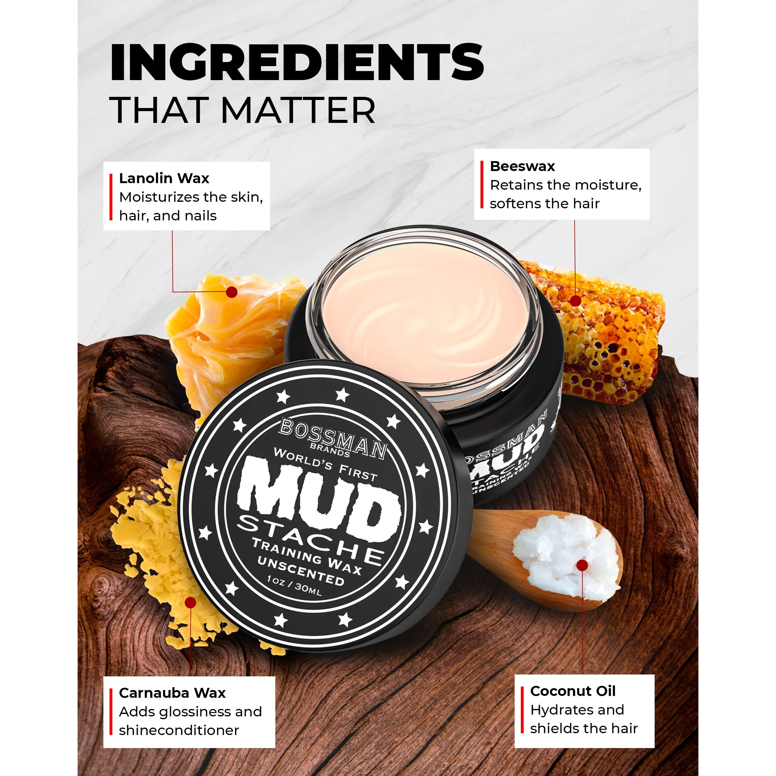 Bossman Mudstache Unscented Mustache Wax For Men (1 Oz) - Strong 24-Hour Hold  Non-Tacky & Easy To Apply For Taming & Styling