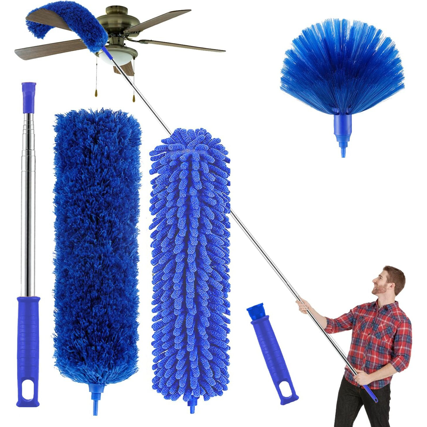 Buysenton Microfibre Duster For High Ceilings  Duster For Cleaning Fan Cobweb  100"" Telescopic Extension Pole Kit  Reusable Duster  Washable Lightweight Duster For Ceiling Fan Webs  Blinds