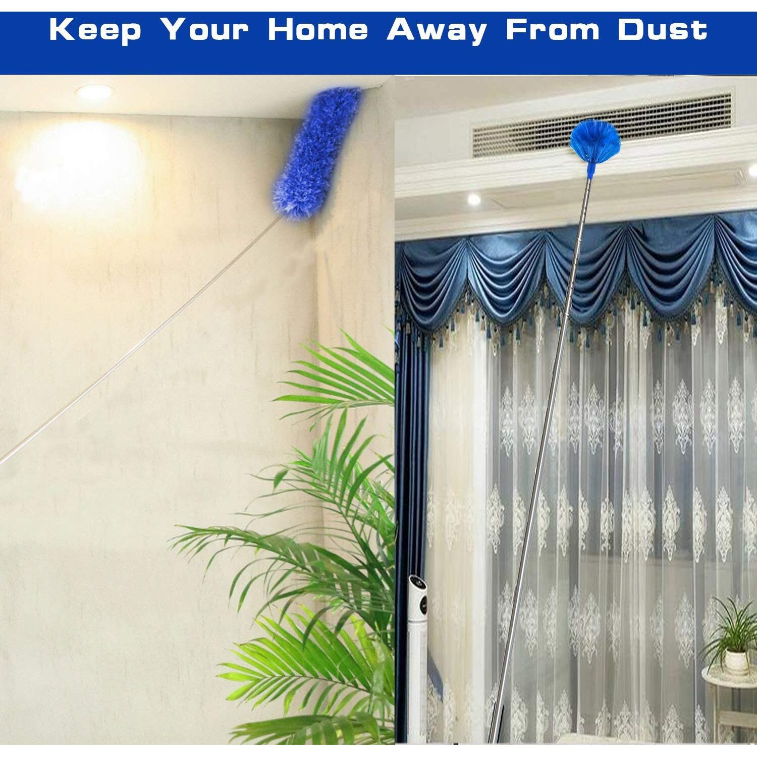 Buysenton Microfibre Duster For High Ceilings  Duster For Cleaning Fan Cobweb  100"" Telescopic Extension Pole Kit  Reusable Duster  Washable Lightweight Duster For Ceiling Fan Webs  Blinds