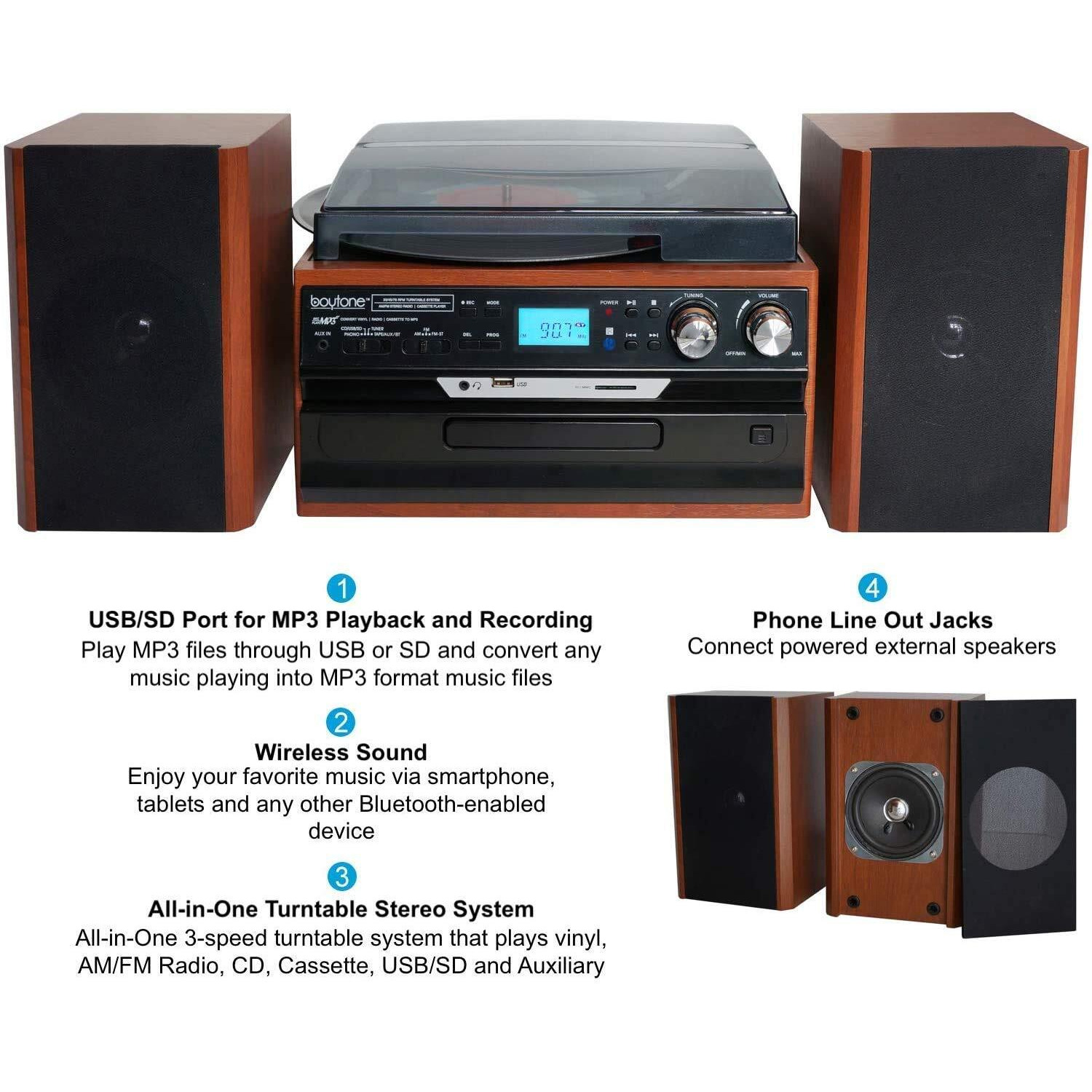 Boytone Bt-24Mb Bluetooth Classic Style Record Player Turntable With Am/Fm Radio  Cd/Cassette Player  2 Separate Stereo Speakers  Record From Vinyl  Radio  And Cassette To Mp3  Sd Slot  Usb  Aux.