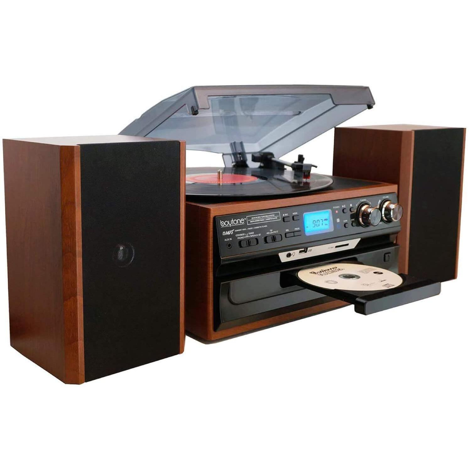Boytone Bt-24Mb Bluetooth Classic Style Record Player Turntable With Am/Fm Radio  Cd/Cassette Player  2 Separate Stereo Speakers  Record From Vinyl  Radio  And Cassette To Mp3  Sd Slot  Usb  Aux.