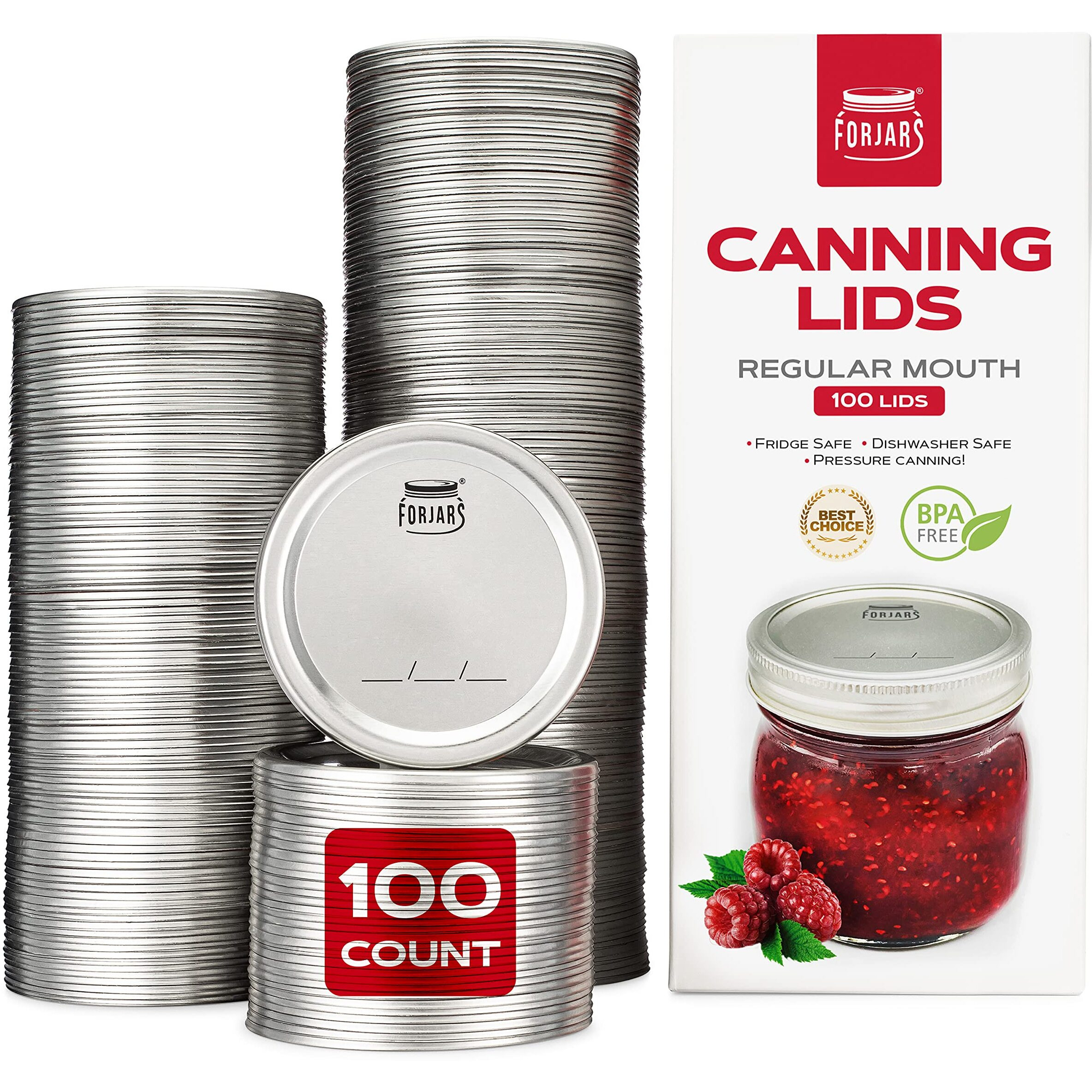 Forjars - Canning Lids Regular Mouth  100-Pack - Create Airtight Seals On Mason Jars To Preserve Food For Meal Prep & Food Storage - 2.7 In. Steel Lids With Silicone Seals - Canning Supplies