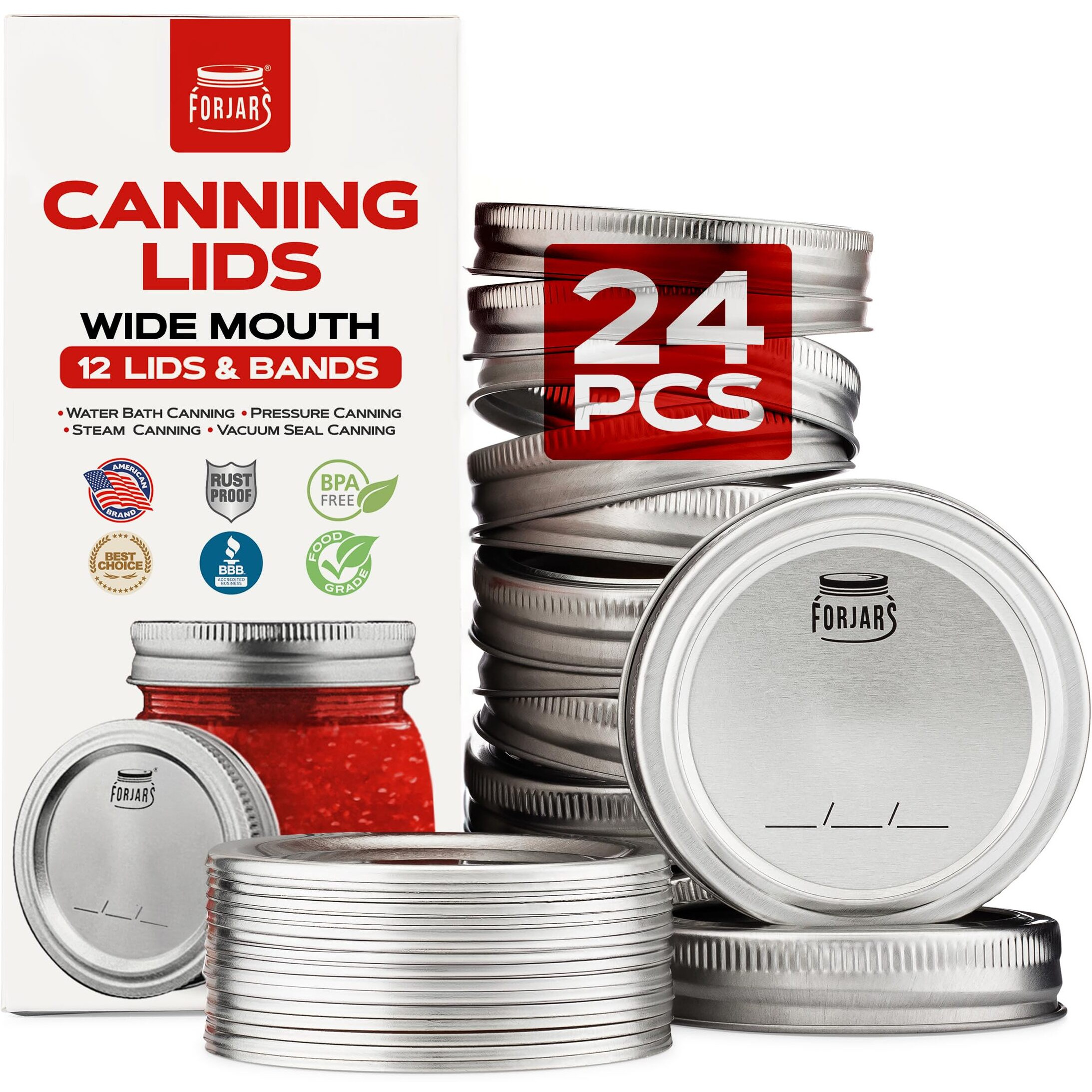 Forjars Wide Mouth Canning Lids And Rings - 24 Pcs / 12 Sets - Airtight Seals On Mason Jars To Preserve Food For Meal Prep - 2.7 In. Stainless Steel And Bands With Silicone Seals - Canning Supplies