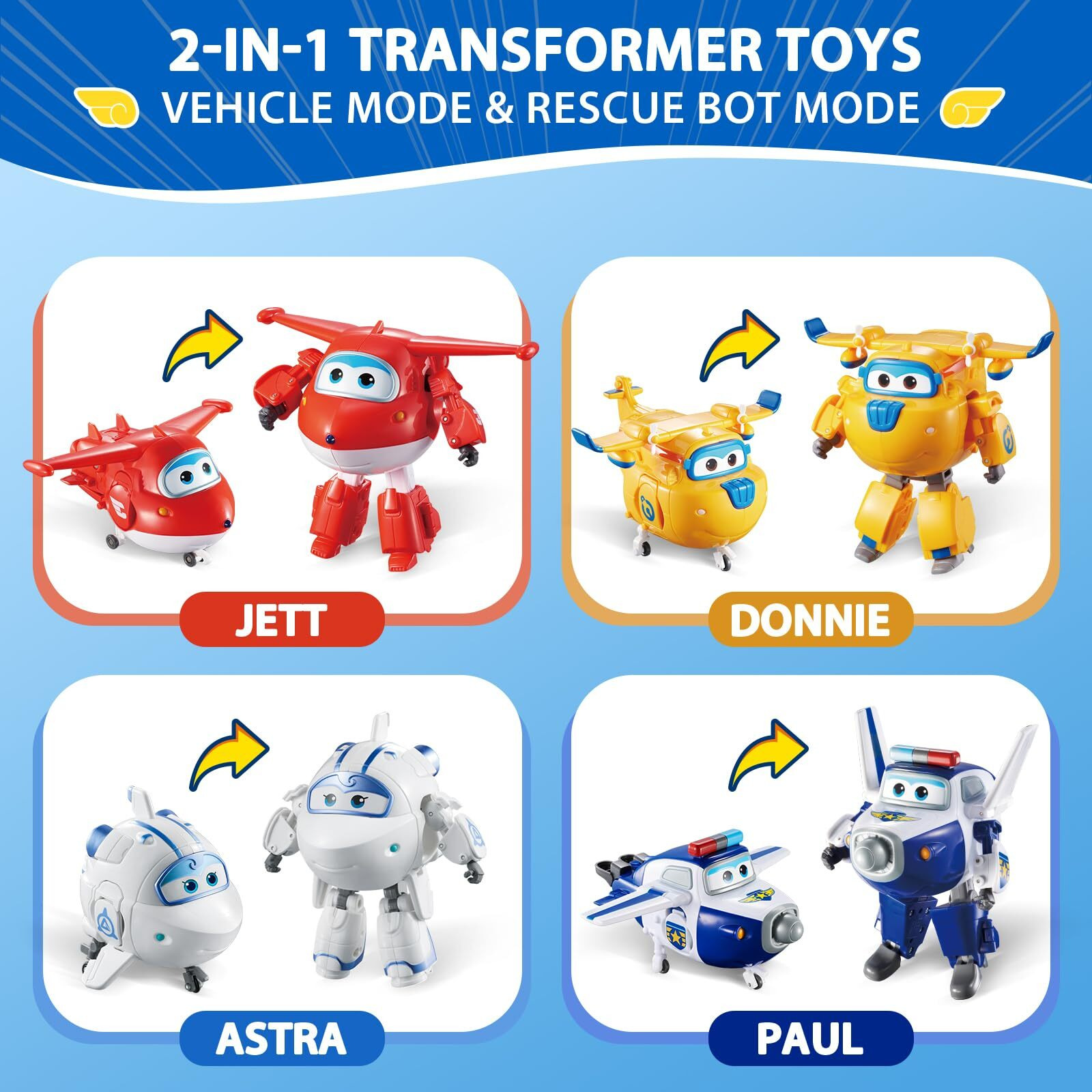 Super Wings 5"" Transformers Toys 4-Pack Action Figure Tobot  Transforming Airplane Robot Toys  Educational Toys For Boys & Girls Age 3+  Gifts For Preschool Kids  Jett  Paul  Donnie  Astra