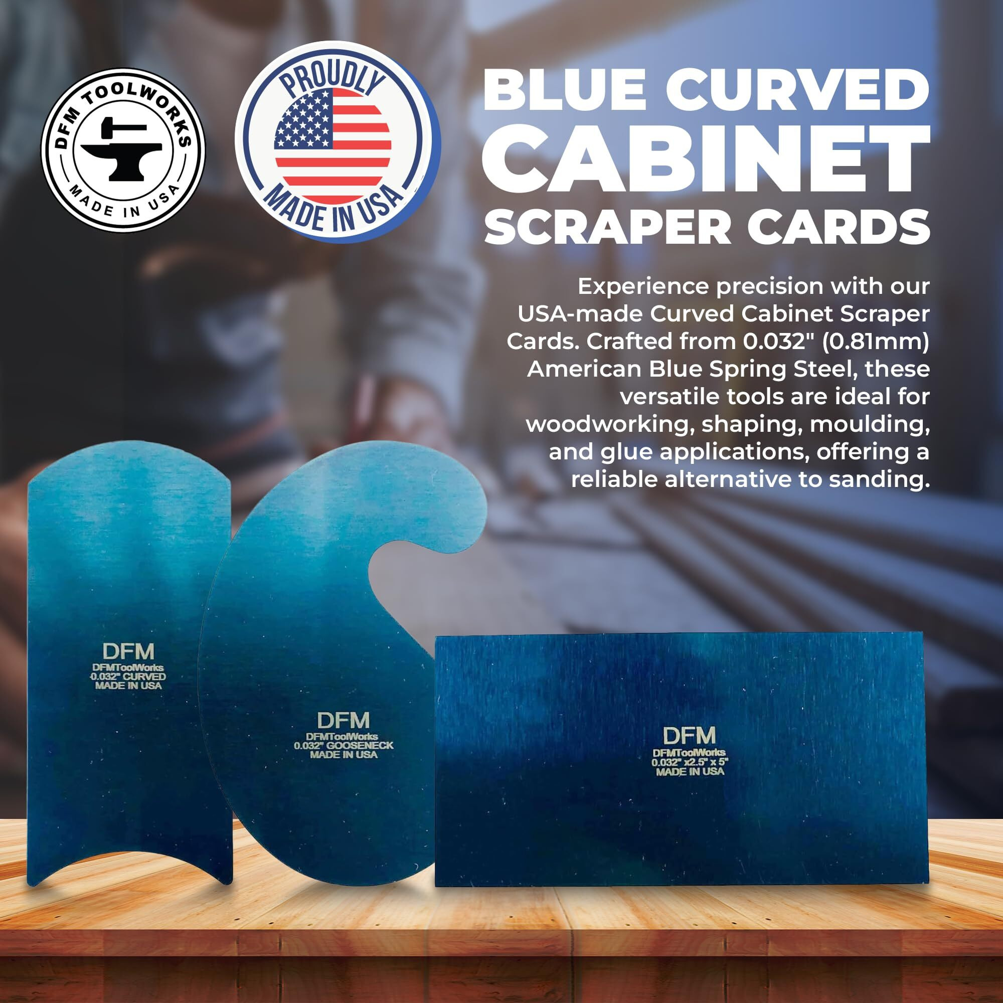 Dfm Tool Works Blue Curved Cabinet Scraper Cards - Cabinet Scraper For Woodworking  Card Scraper Tool For Precision And Fine Finishes - Ideal Tool For Woodworking Projects - Made In Usa (Set Of 3)